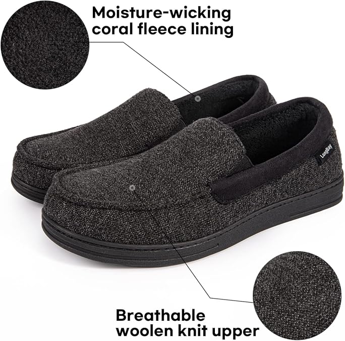 LongBay Men's Moccasin Slippers Memory Foam Plush Fleece House Shoes in Indoor Outdoor