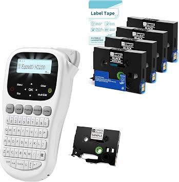 H1100 Portable Label Maker with 5PK 12mm Laminated Black Tape Waterproof, Keyboard Labeling Machine with Backlit Screen, Multiple Fonts & Symbols, Inkless Handheld Labeler for Home Office School Use