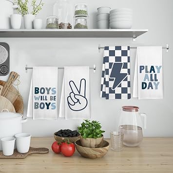 Blue Boys Kids Hand Tea Towel Set of 4 for Bathroom, Blue Checkered Dish Towels, Motivational Affirmation Decorative Dish Tea Towel for Kitchen, Boys Bathroom Decor, 16x24 Inches