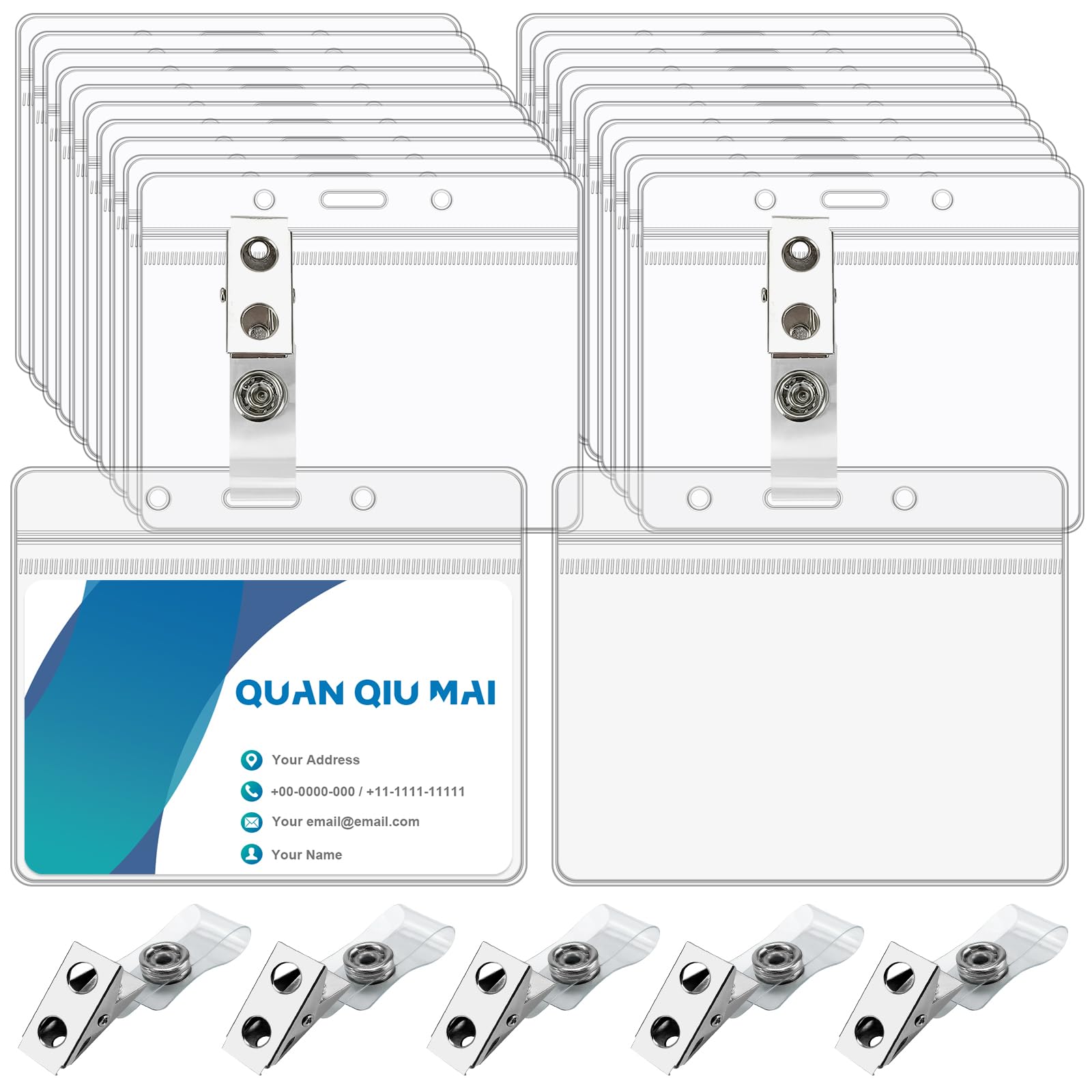 Name Tags with Clips,50 Set Name Badge Holders and Metal Clips Clear PVC Horizontal Name Tag ID Card with Clip Waterproof ID