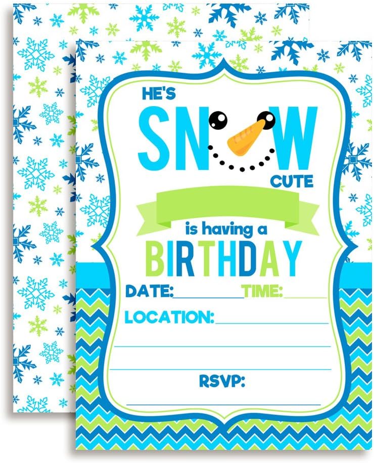 Snow Cute Snowman Face Birthday Party Invitations for Boys, 20 5x7 Fill In Cards with Twenty White Envelopes by AmandaCreation