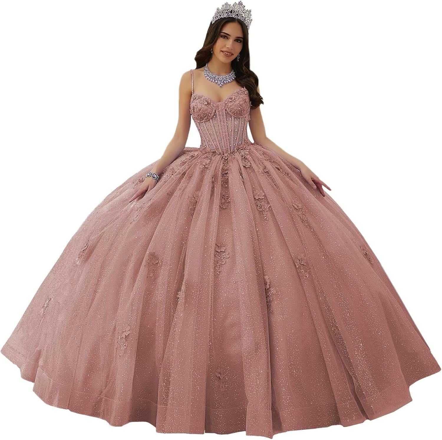 Fuomomo Spaghetti Straps Quinceanera Dresses Sweetheart Neckline Quinceanera Dresses lace Applique Quinceanera Dresses Sparkly Tulle Quinceanera Dresses for Teens MT041 Dusty Rose