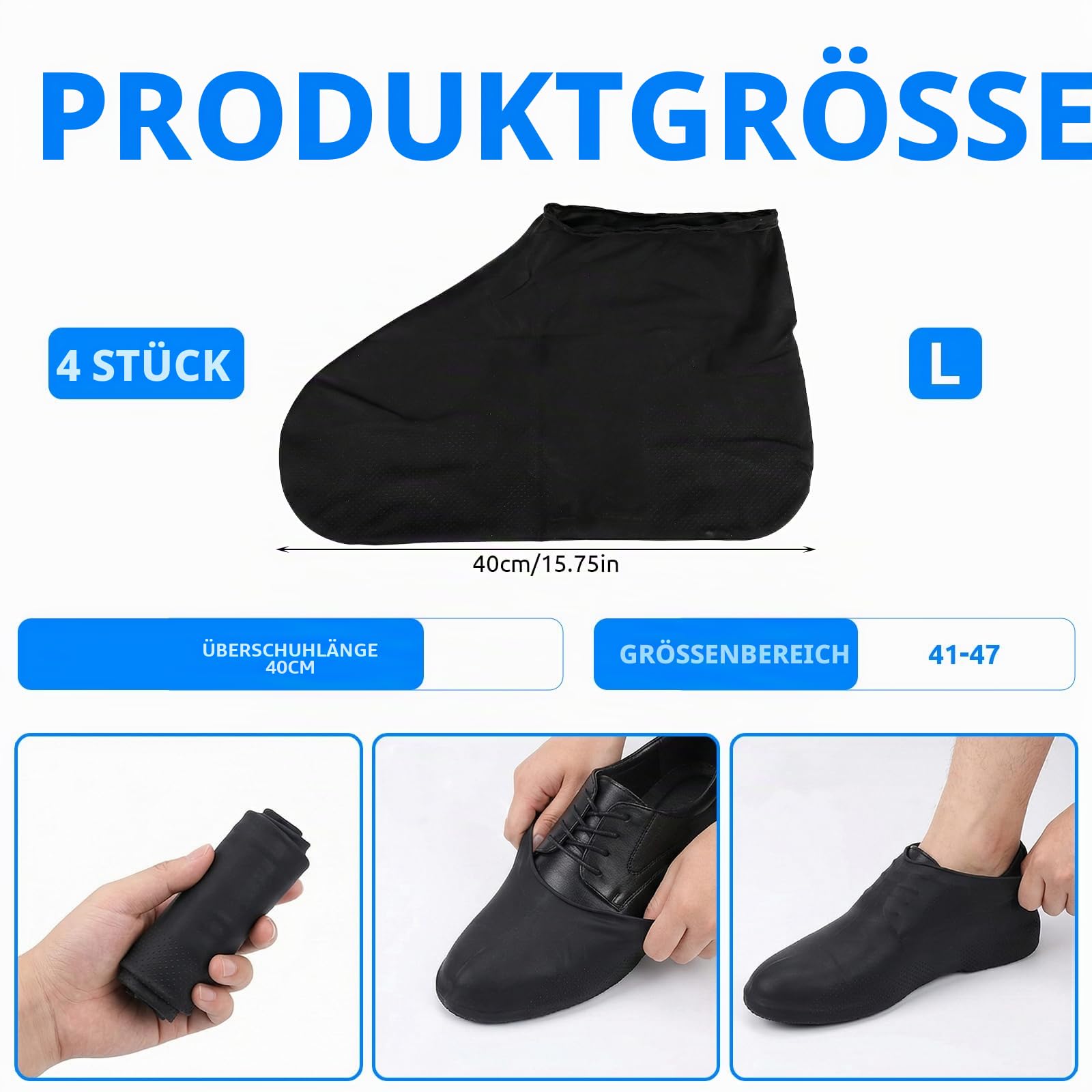 4 Paar Schuhüberzieher Wasserdicht Überzieher Mehrweg Silikon Überziehschuhe Überschuhe Shoe Cover Regenüberschuhe Für Regen Schneetag Wüstenstrand Schwarz