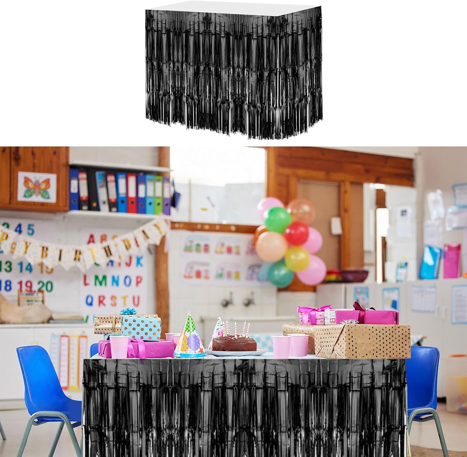 MECCANIXITY 2 Pcs 29x108 Inch Black Metallic Foil Fringe Tinsel Table Skirts for Rectangle Tables Tinsel Backdrop Curtain for Wedding Birthday Party Decoration