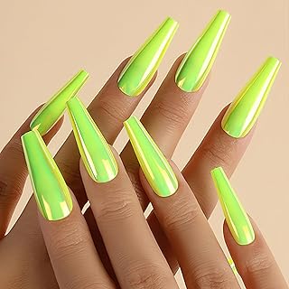 Fluorescent Green Chrome Press on Nails Long Ballerina Fake Nails Metallic Mirror Coffin False Nails Fluorescent Green Glu...