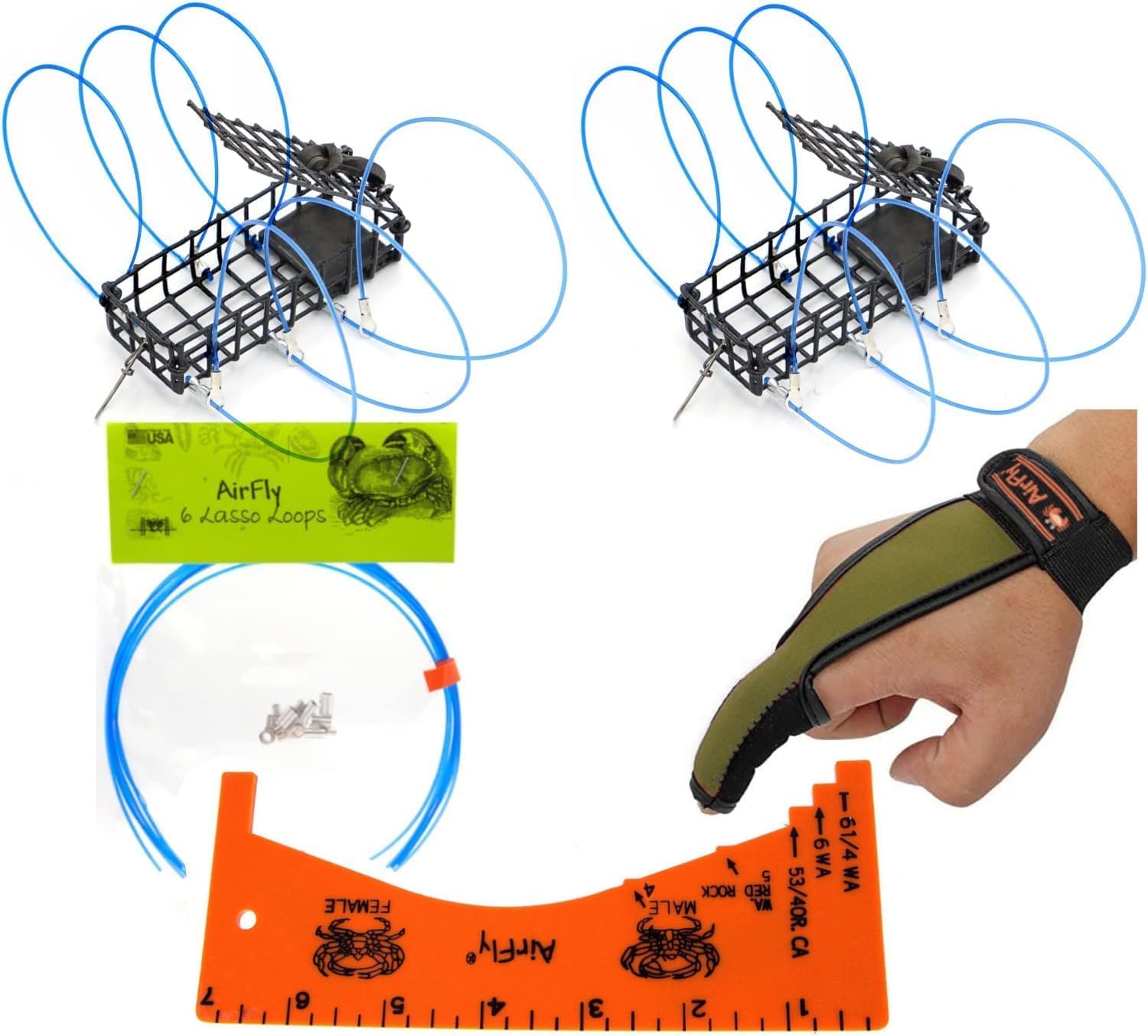 AirFly 6-Loops Crab Trap for Fishing Pole: Catches Dungeness, Rock & Blue Crabs, Made in USA (3 Traps+Gauge+Glove+6 Replace Loops)