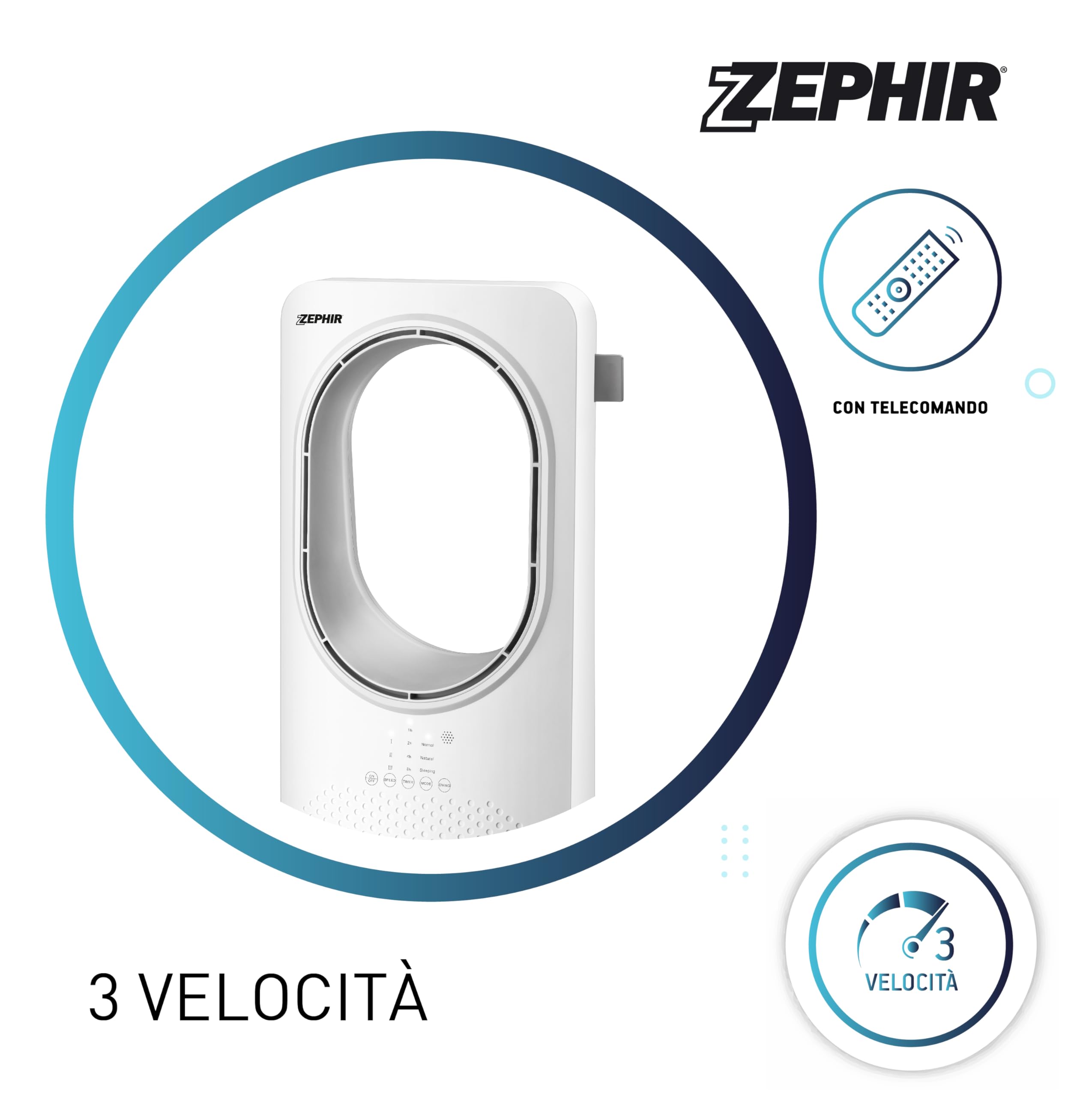 Zephir, Ventilalatore a Torre Senza Pale, 3 Velocità, 3 Modalità di Fusso d'aria, Ventilatore Oscillante, Display LED, Comando Touch, Timer 15 ore, Telecomando, Potenza 50 W