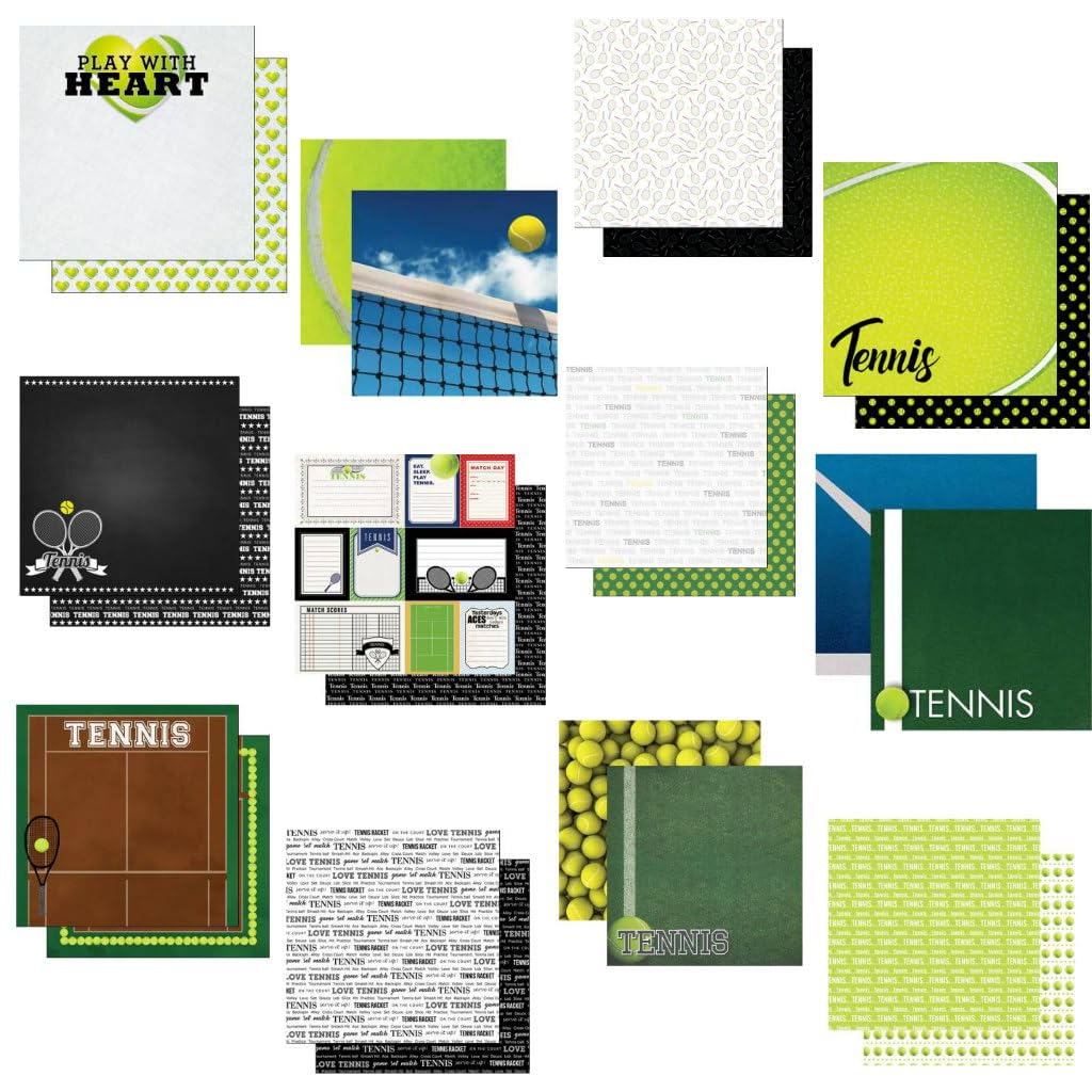 Custom Bundle - 12 Tennis Themed 12" x 12" Scrapbook Papers - Various Brands