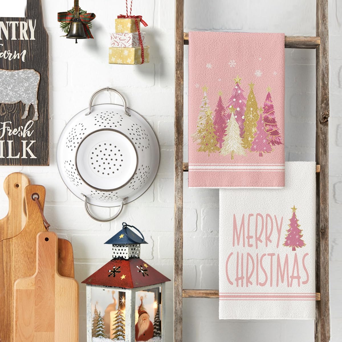 Artoid Mode Pink Xmas Tree Merry Christmas Kitchen Towels Dish Towels, 18x26 Inch Farmhouse Star Holiday Winter Decoration Hand Towels Set of 2 - Image 3