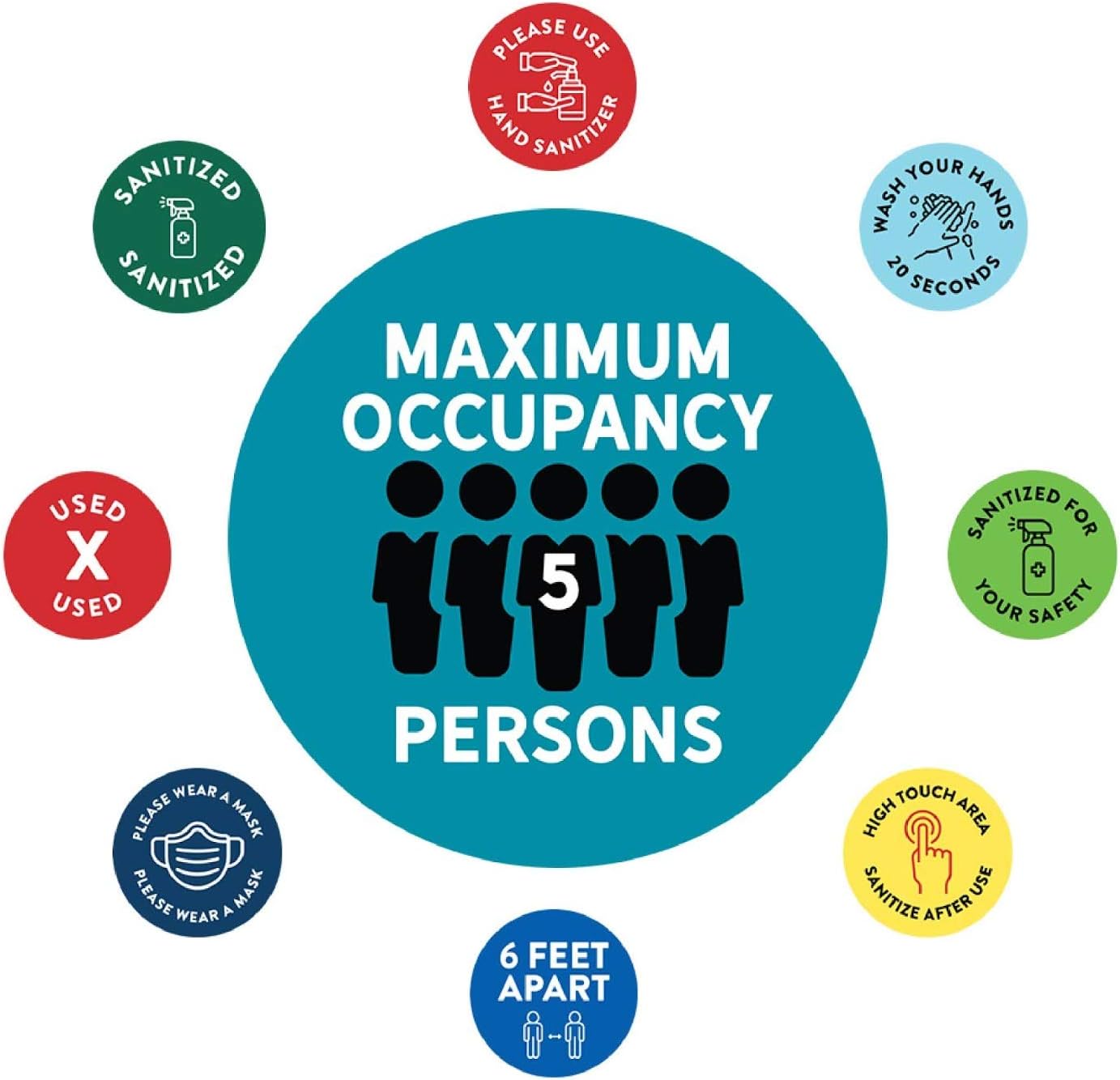 Andaz Press Building Bathroom Office Social Distancing Maximum Occupancy 5 Persons Business Signs, 50 Labels, 10-Pack 8" Round Labels + 40-Pack 2" Circle Vinyl Sticker Decals