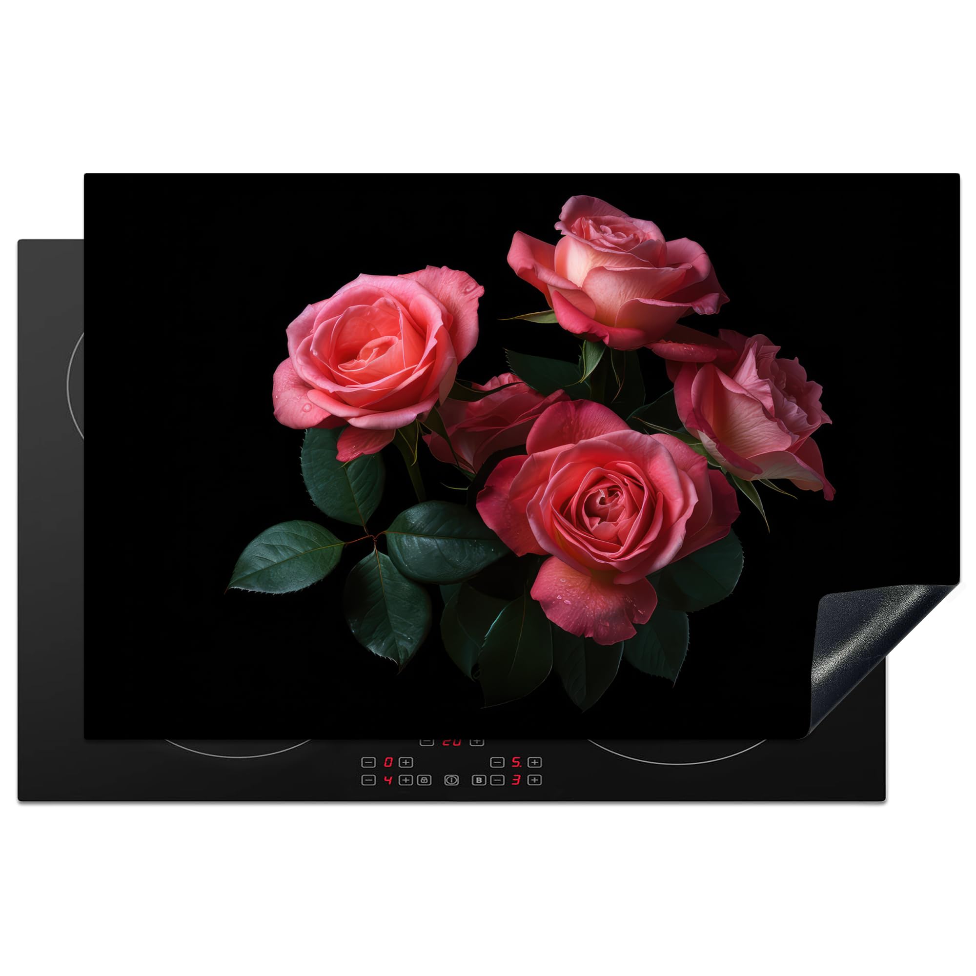 KitchenYeah© Induction Hob Protector Mat 20.5"x31.5" / 80x52 cm Stove Cap Top Cover Kitchen Cooker Covers for Electric Hobs Vinyl Roses - Pink - Flowers - Nature - Black