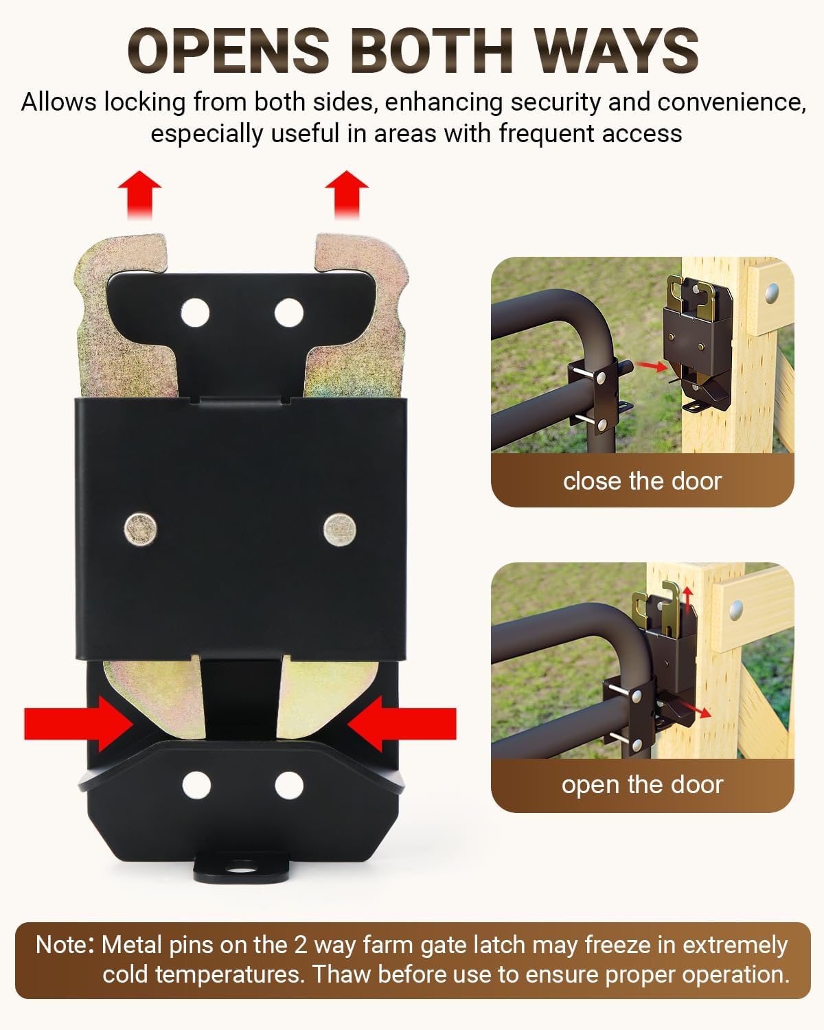 2 Way Farm Gate Latch, 2PC Heavy-Duty Fence Gate Latch with Self-Locking Nut, Black Livestock Gate Latch Compatible with Horse Corrals, Farms, Pastures, Stables, Ranches