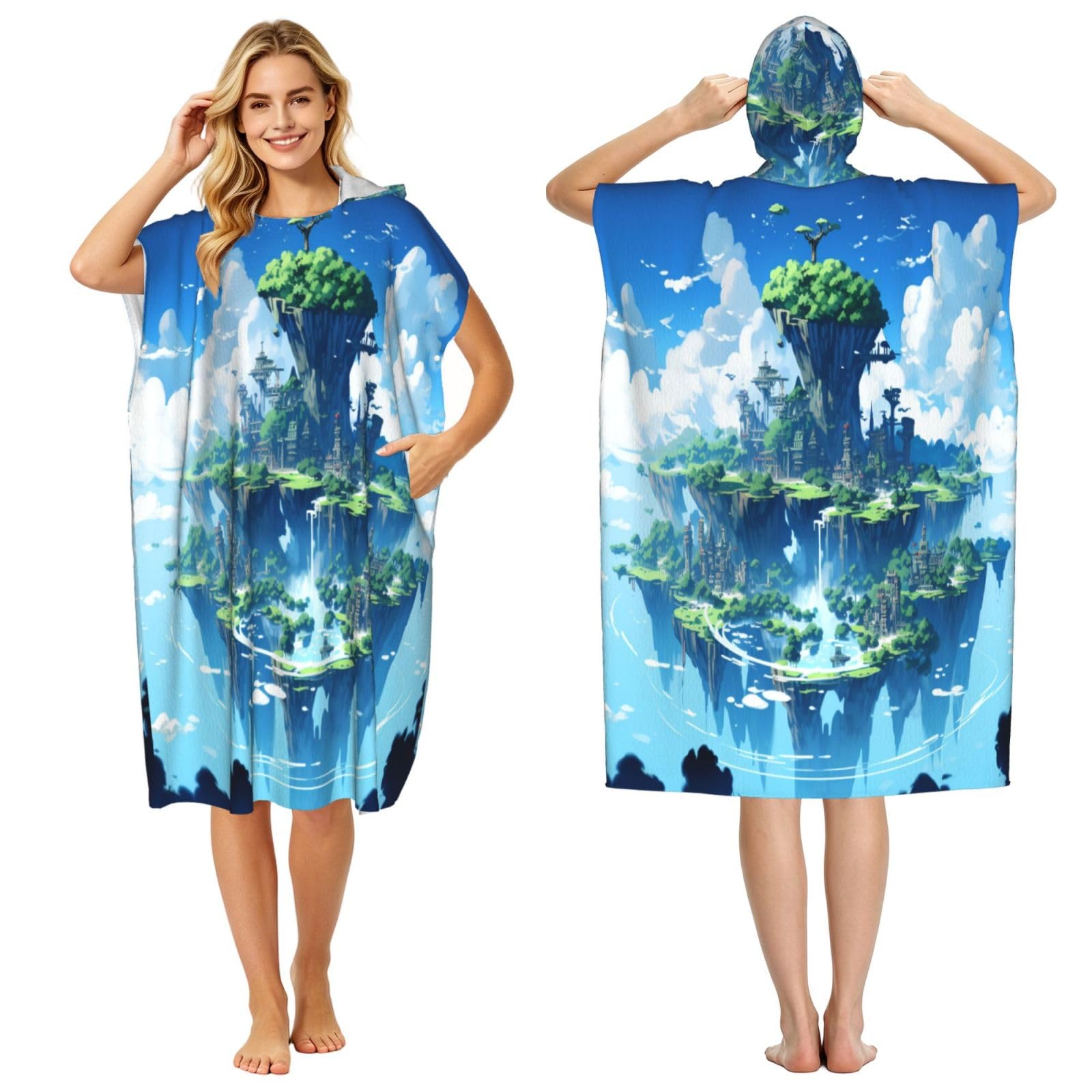 KLGRTJHK City Of Sky Adult Hooded Beach Poncho Towel 43"X35"