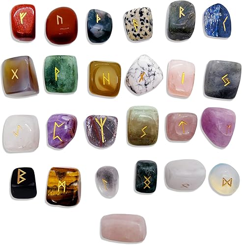 Miniatura 3 de Juego de piedras de runas, disco de madera con inscripción de vida eterna y runa de cristal de colores mixtos para meditación y curación de