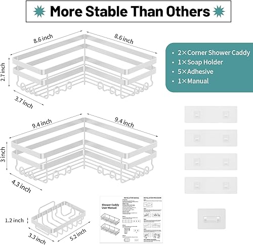 Miniatura 9 de StorageRight Organizador de ducha esquinero, paquete de 3 accesorios de baño adhesivos con soporte para jabón, estante organizador de ducha de acero