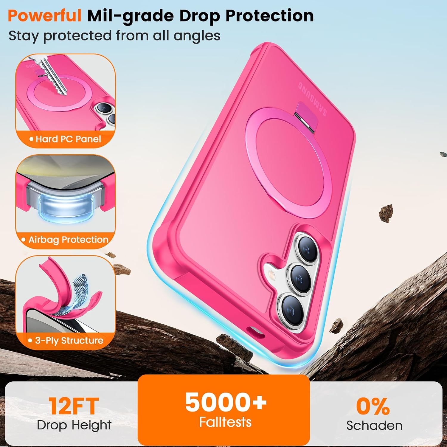 Magnetic Ring Stand Case for Samsung Galaxy S24/S25-120° rotatable Stand, N52 Magnet, Non-Slip, matt Transparent Back, Easy to Clean, Shockproof, Drop Protection (Rose Red)