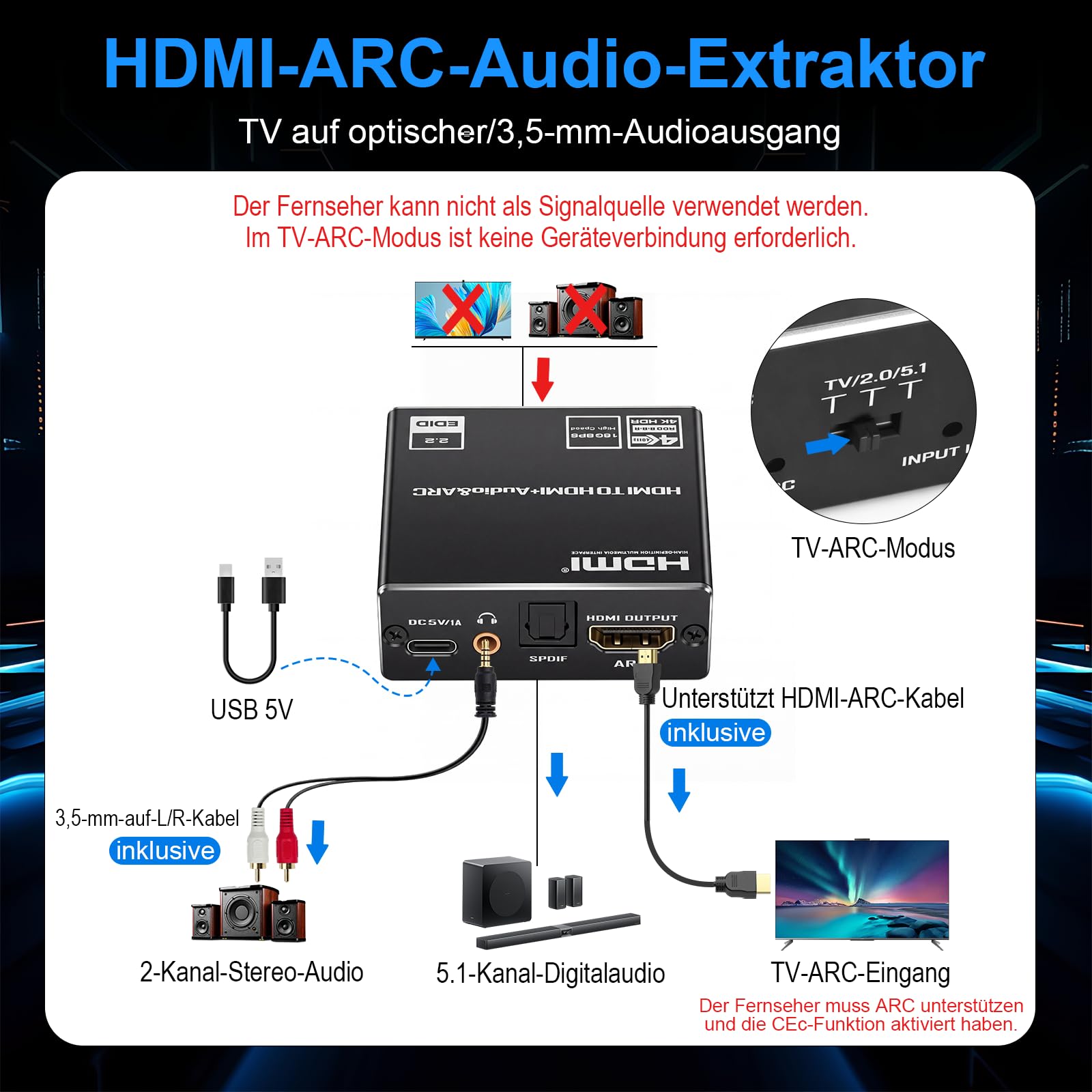 HDMI ARC Audio Extractor 4K 60Hz HDMI Optisch Adapter auf 3.5MM Converter Splitter, 192 KHz DAC Digital Analog Wandler, SPDIF TOSLINK Optical und 3,5MM Stereo-Audioausgang Unterstützt LPCM 7.1/DTS/DSD