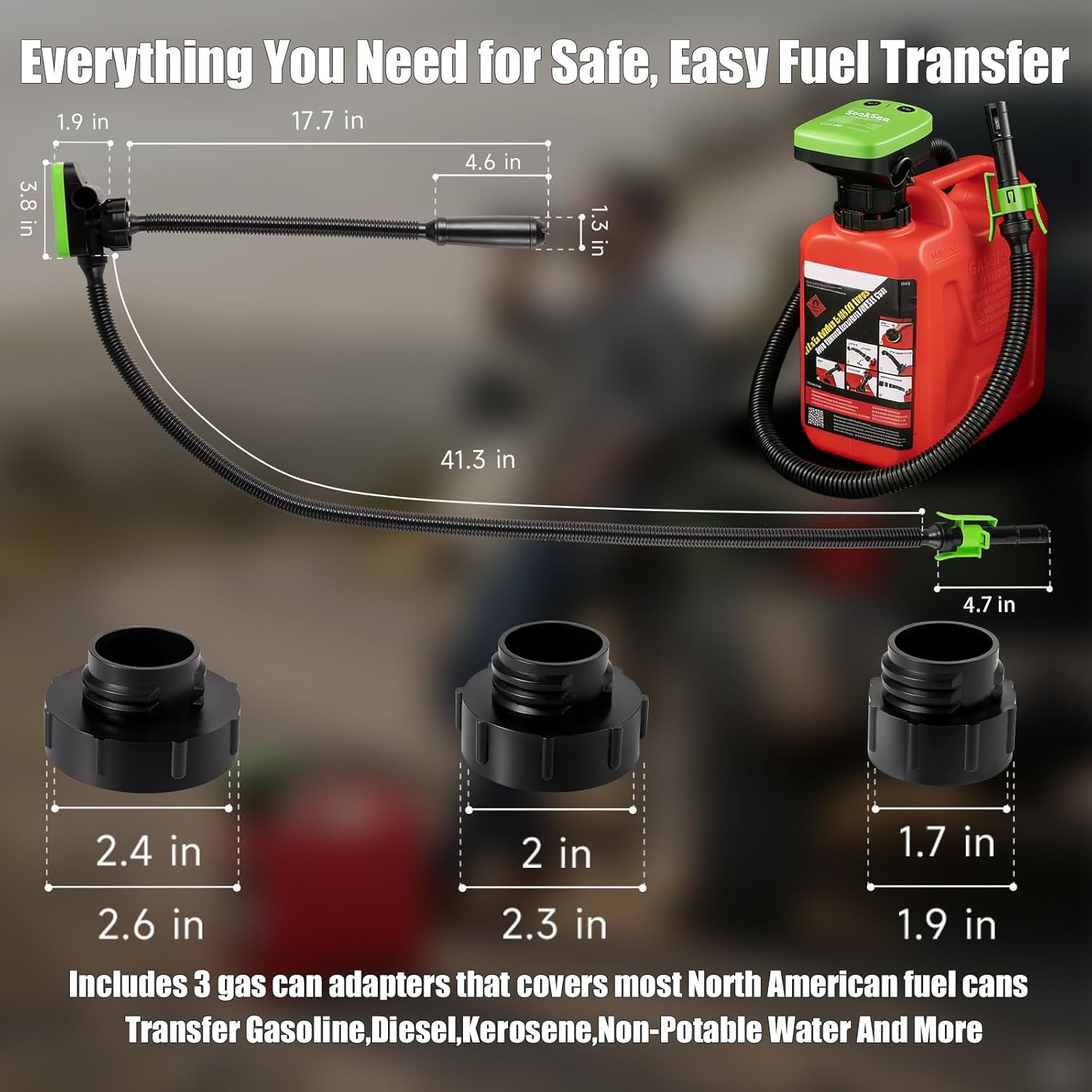 Automatic Fuel Transfer Pump with Auto-Stop Sensor(3.2 GPM), USB Rechargeable 41" Hose Electric Fuel Pump, Built-in Lithium Battery Power Portable Gas Can Pump For Gasoline Diesel-3 Tank Adapters