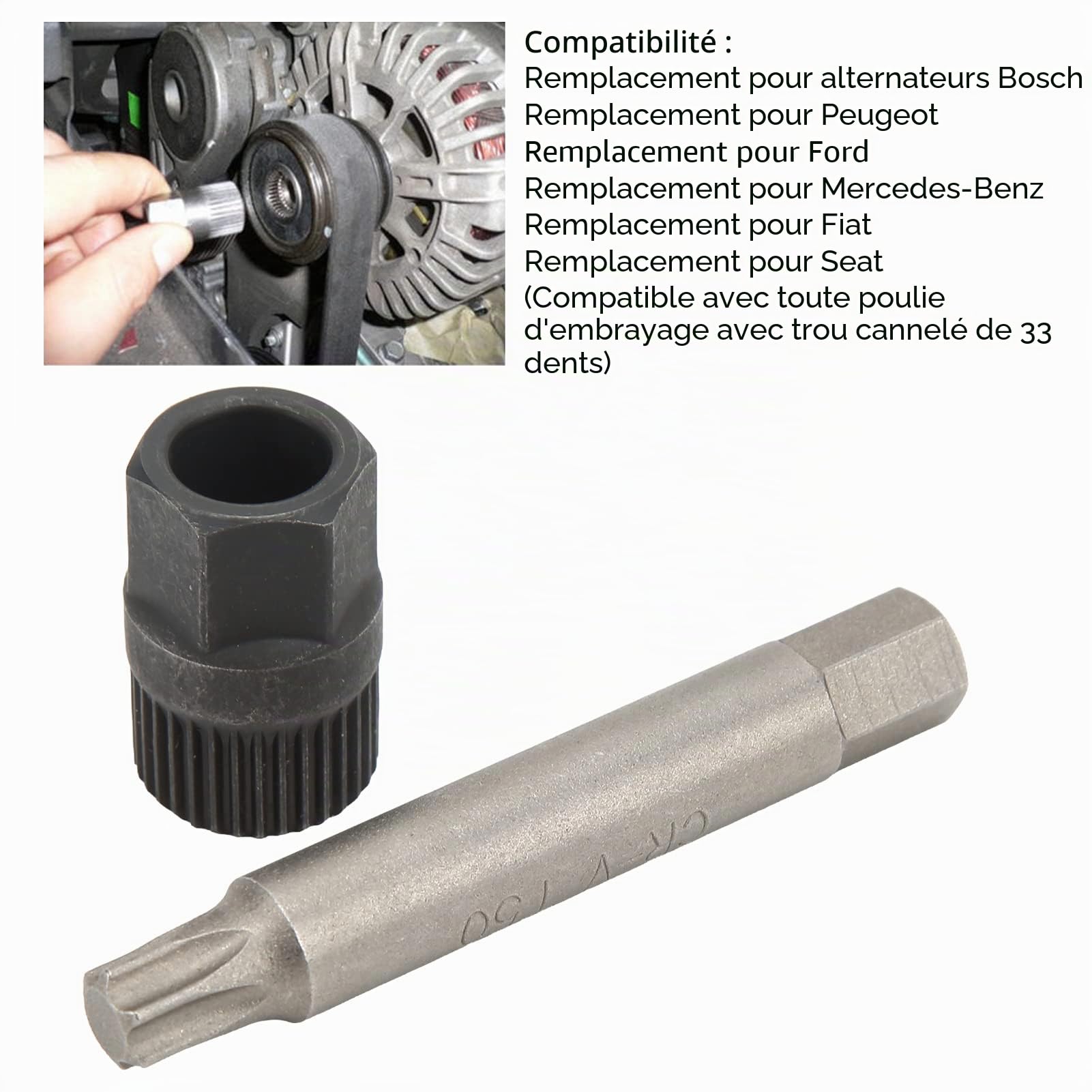 Outil de Cannelure D'alternateur, Kit de clé à Poulie D'alternateur 33 Dents Cannelée Douille Foret Extracteur Outil de Remplacement en Acier pour Alternateurs
