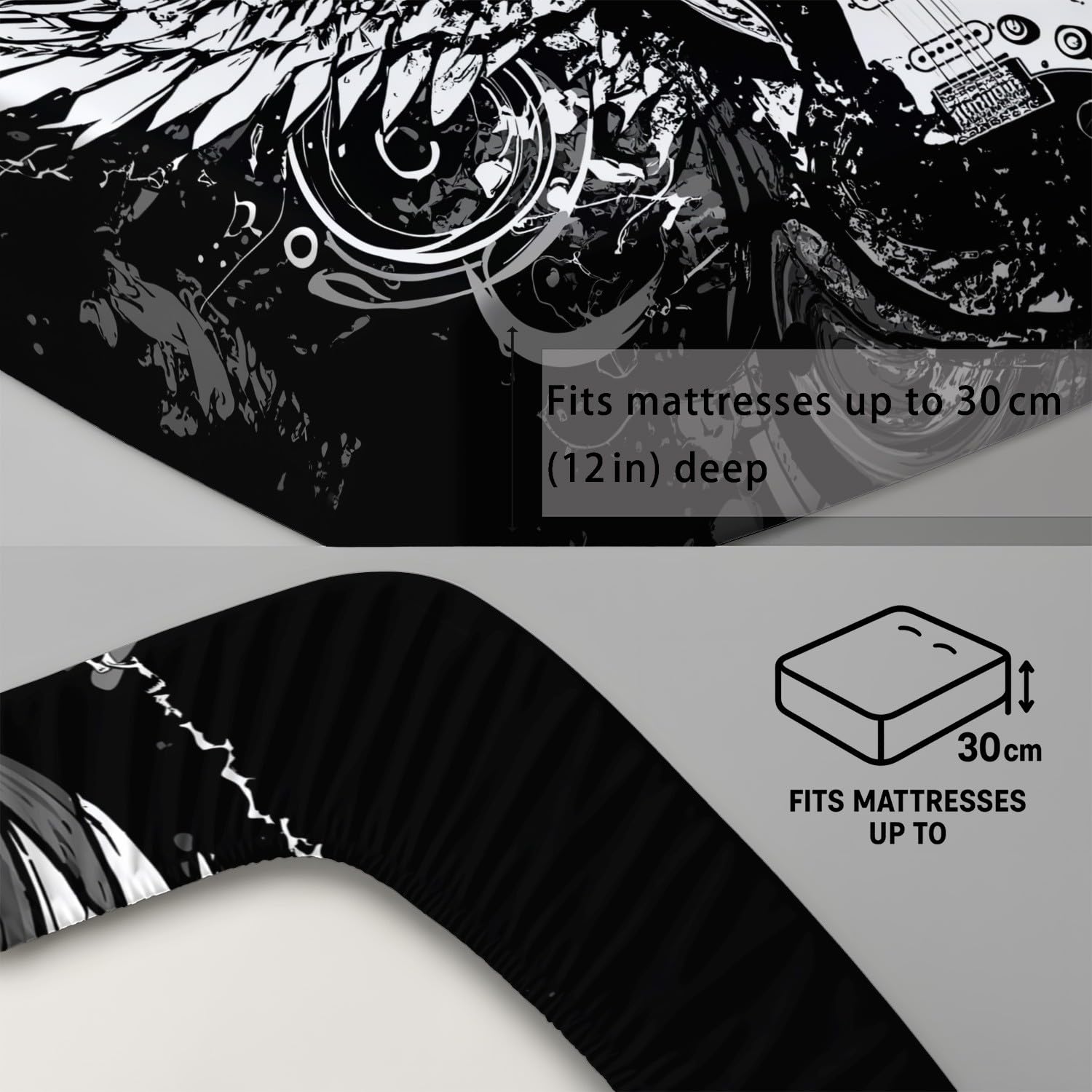 Rock Music Prześcieradło z gumką 90 x 200 cm miseczki 30 cm, zestaw pościeli z dzikimi gitarami skrzydła nutowe dla dzieci nastolatków dorosłych, miękkie prześcieradło z mikrofibry, oddychający
