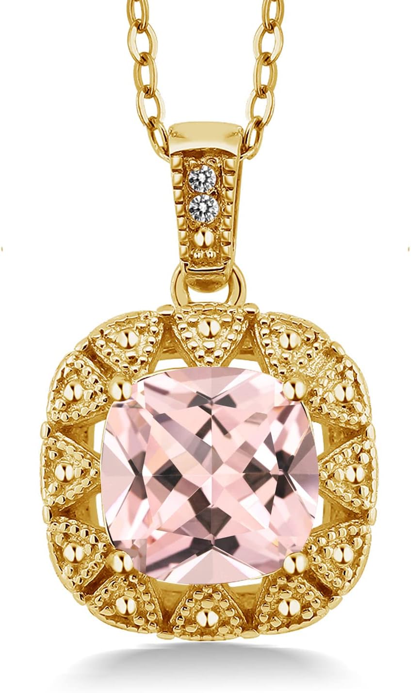 Gem Stone King 18K Yellow Gold Plated Silver Gemstone Birthstone and White Diamond Necklace | 8MM Cushion Cut Pendant Necklace For Women | With 18 Inch Chain