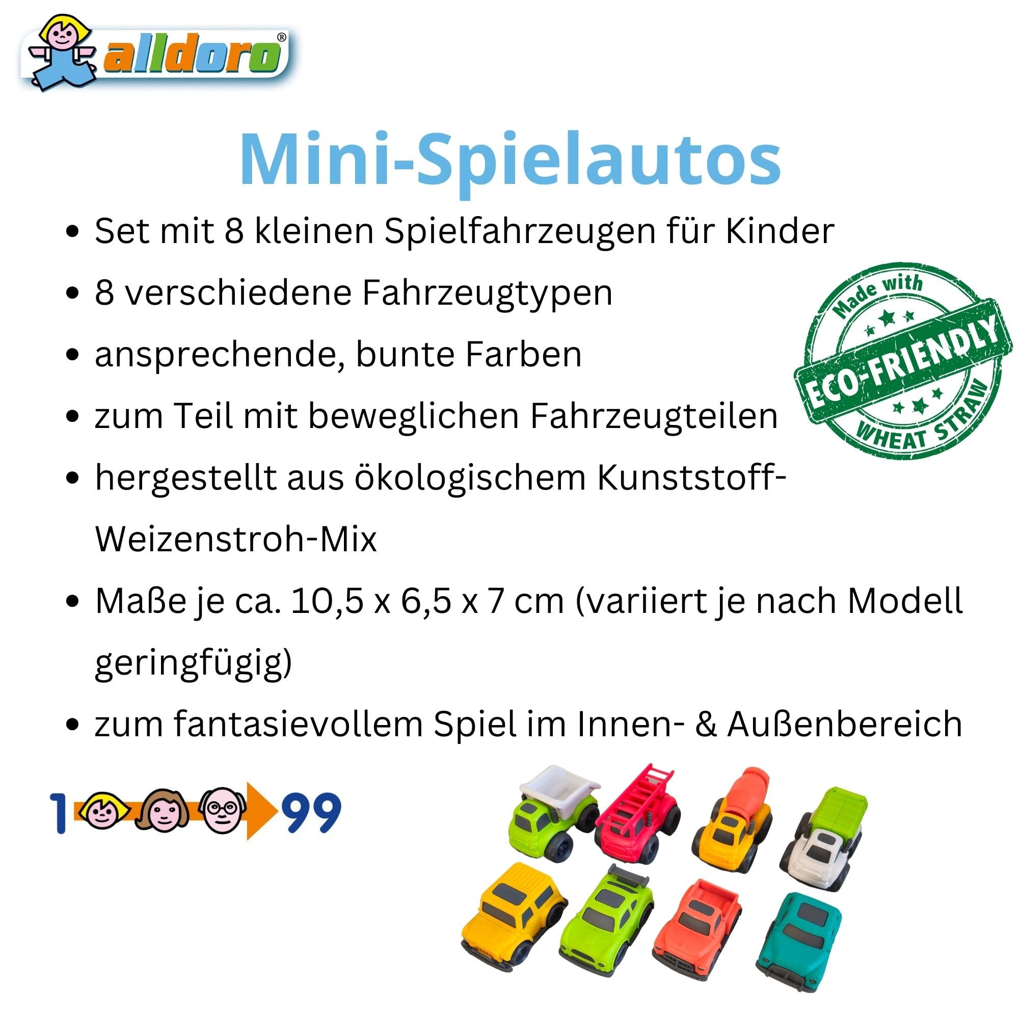 alldoro 69652 Spielzeug Autos - Set 8 Stück, 10,5 x 6,5 x 7 cm, bunt, aus Kunststoff-Weizenstroh-Gemisch, ecofriendly