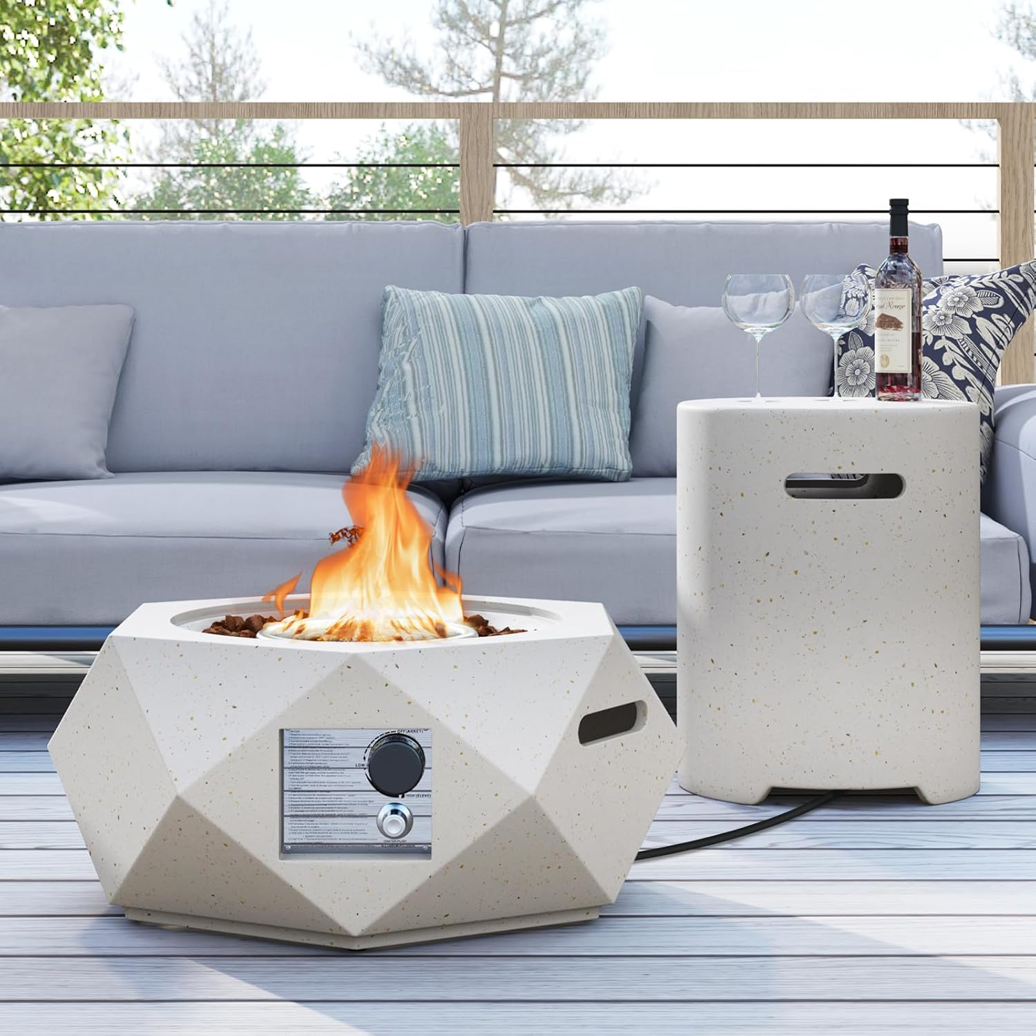 Tangkula Propane Fire Pit Table Set, 28” Hexagon Terrazzo Gas Fire Pit with Hideaway Tank Holder, Stainless Steel Burner & Lava Rocks, Cover Included, 40,000 BTU Smokeless Fire Pit for Outside Patio
