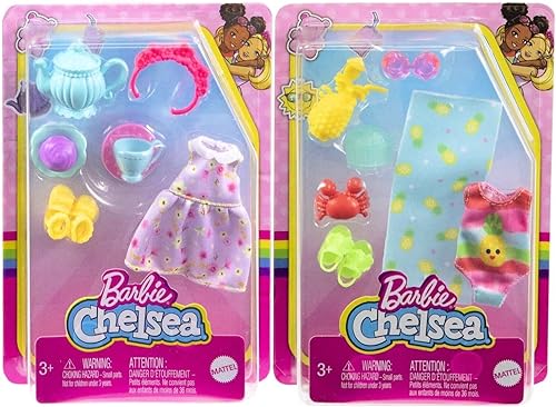 Barbie Chelsea Beach & Tea Party - Paquete de accesorios de moda - Mezcla de ropa de playa y artículos esenciales para fiesta de té para muñeca