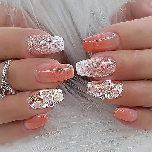 Uñas postizas a presión de color rosa con forma de ataúd, uñas postizas cortas de acrílico con diseños de mariposa con purpurina, cobertura
