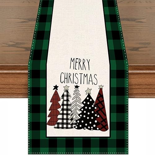 UYPGOIN Camino de mesa de árboles de Navidad a cuadros de acuarela verde y negro decoración de temporada de invierno feliz Navidad cocina comedor