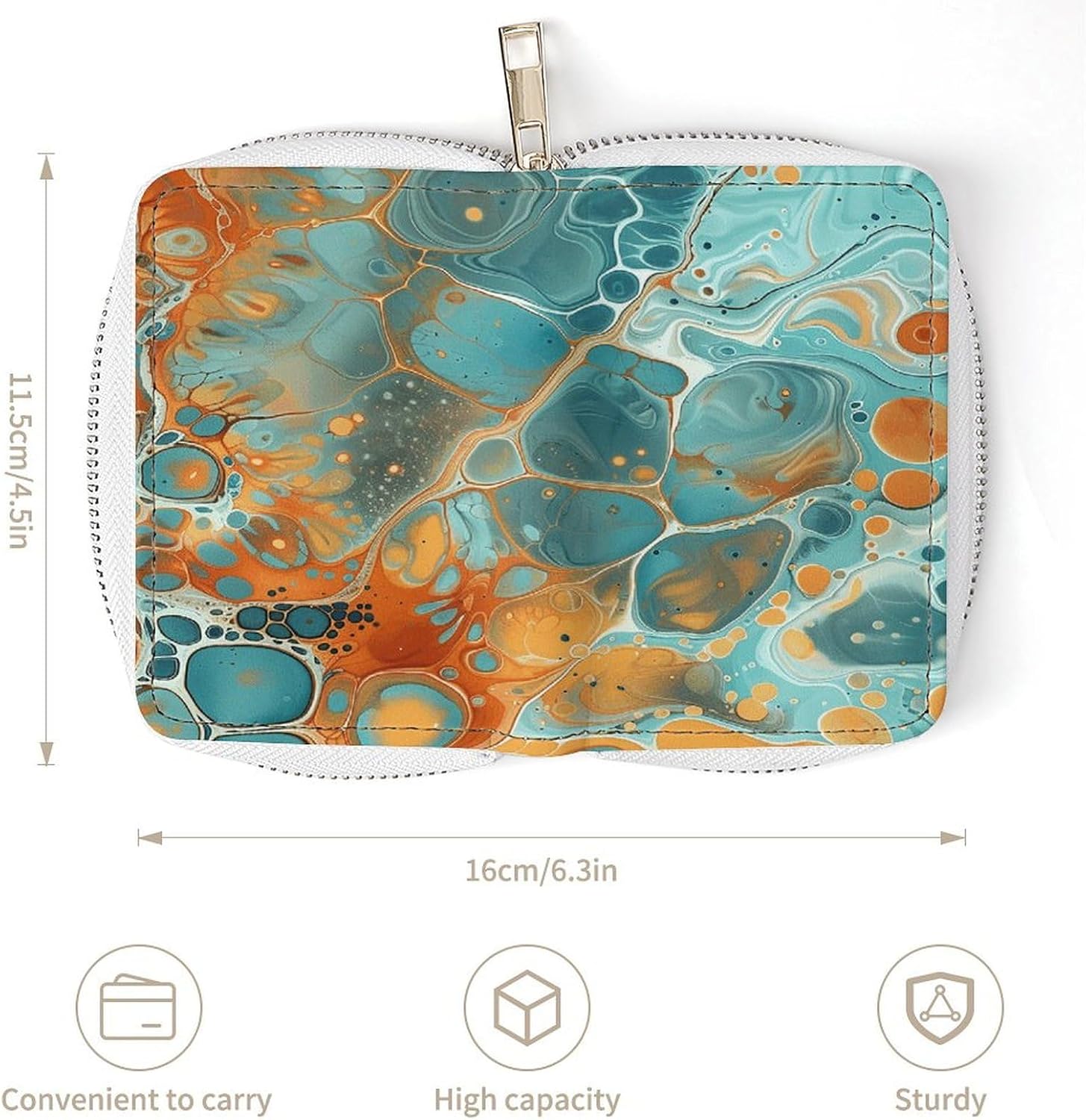 Leather Card Organizer Case Card Wallet Credit Card Holder Orange And Turquoise Printed Zipper Card Cases Holder for Women Men