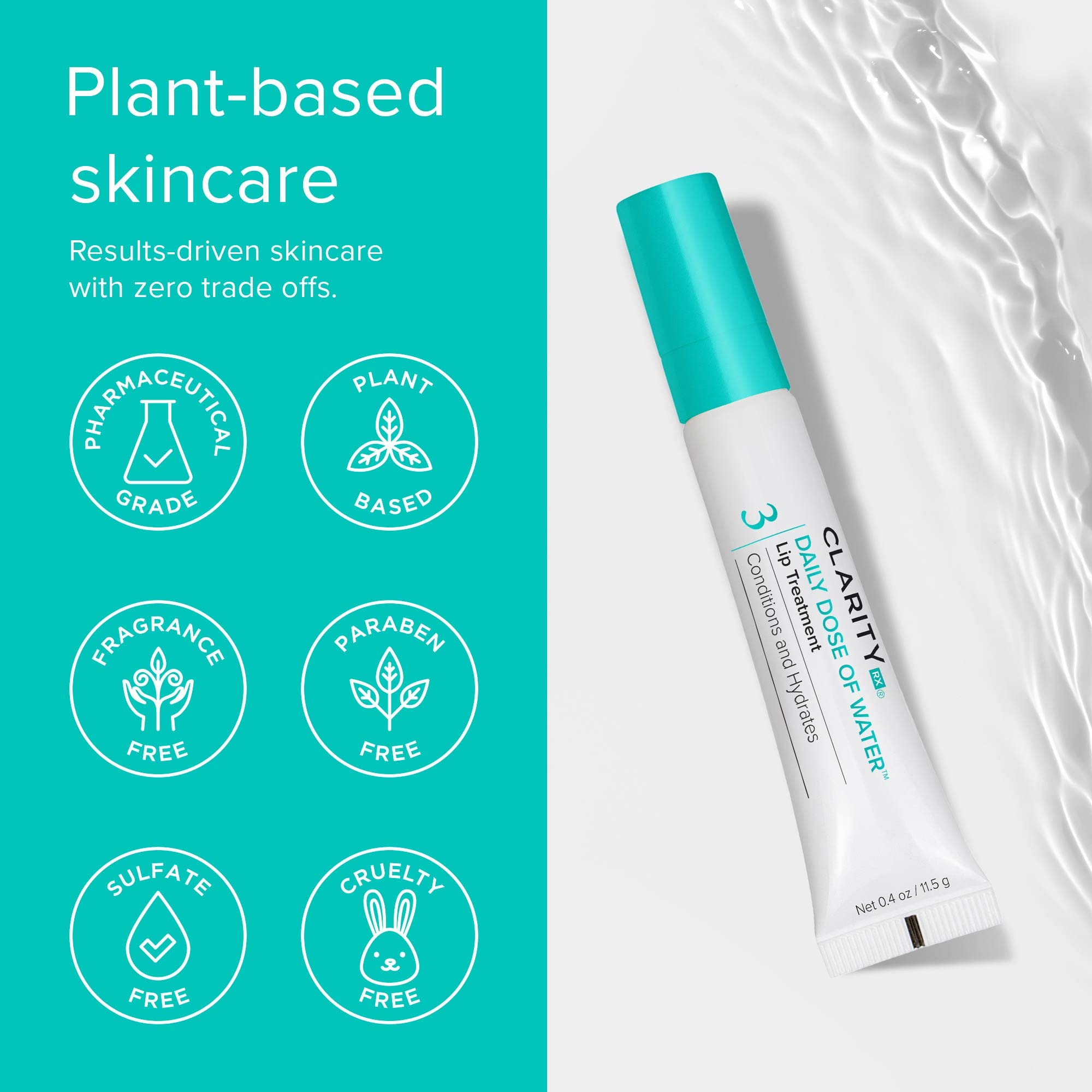 ClarityRx Daily Dose of Water Lip Treatment, Hydrating Hyaluronic Acid Lip Booster, Plant-Based & Natural (0.4 oz)