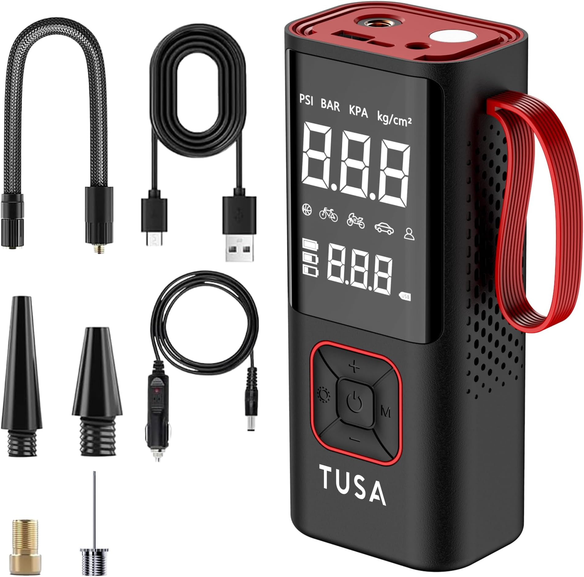 TUSA Storm X Cordless Tyre Inflator - Wired + Wireless (6000 mAh Battery & 12V Car Port), 2X Faster Inflation, 150PSI Air Compressor for Cars, Bikes, Motorcycles, Balls, and Inflatables (Red)