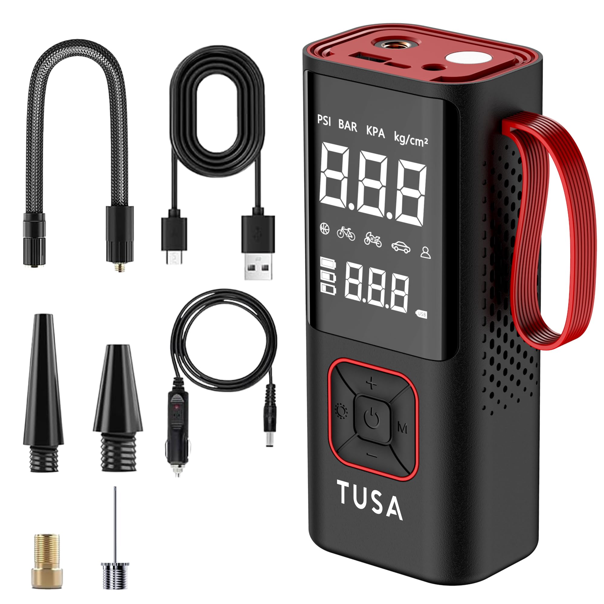 TUSA Cordless Tyre Inflator - Multipurpose Portable Air Compressor 150PSI, Air Pump for Car Tires, Balls and Inflatables (Red)