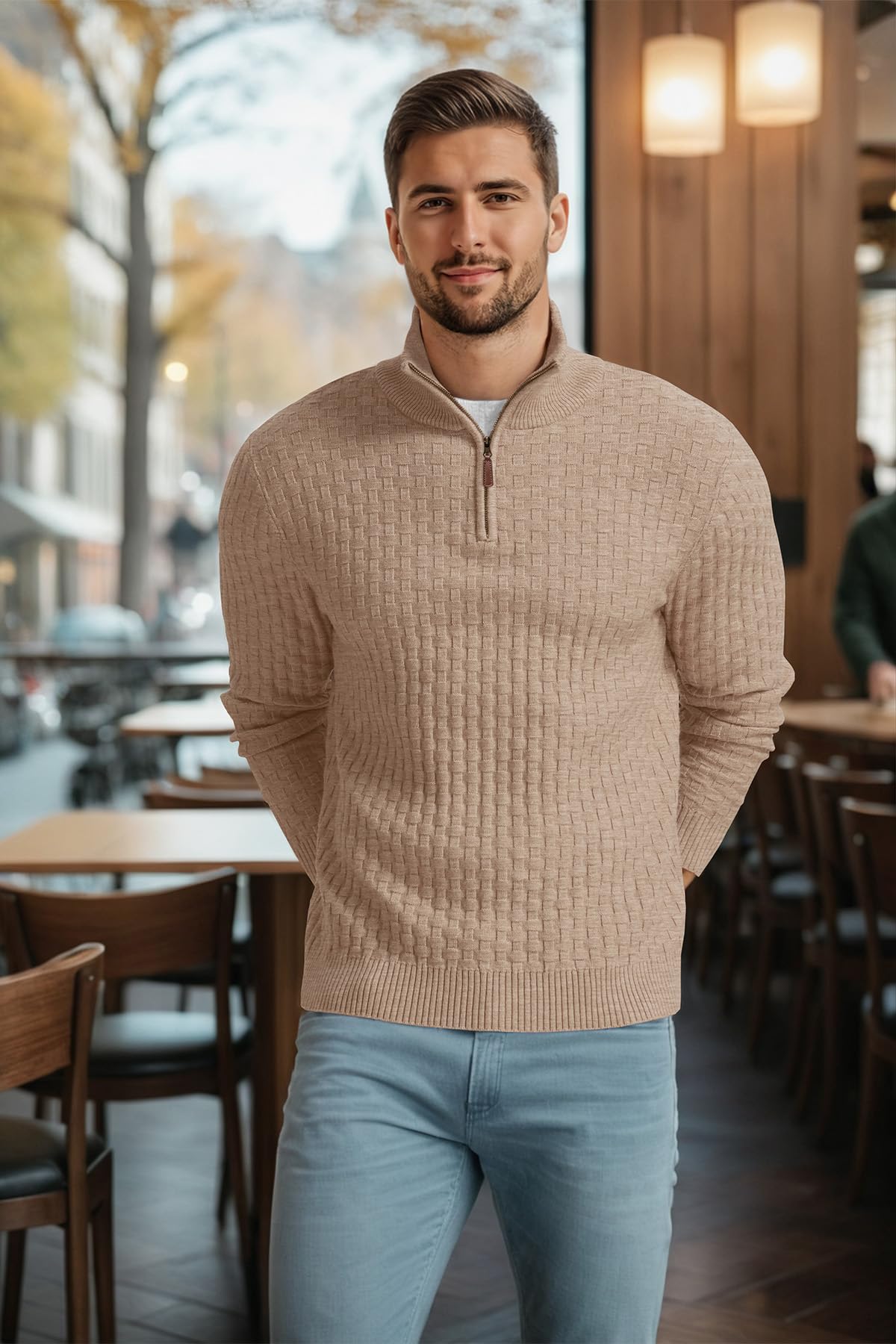 QIXING Jersey de punto para hombre, cuello medio, grueso, informal, con cremallera 1/4