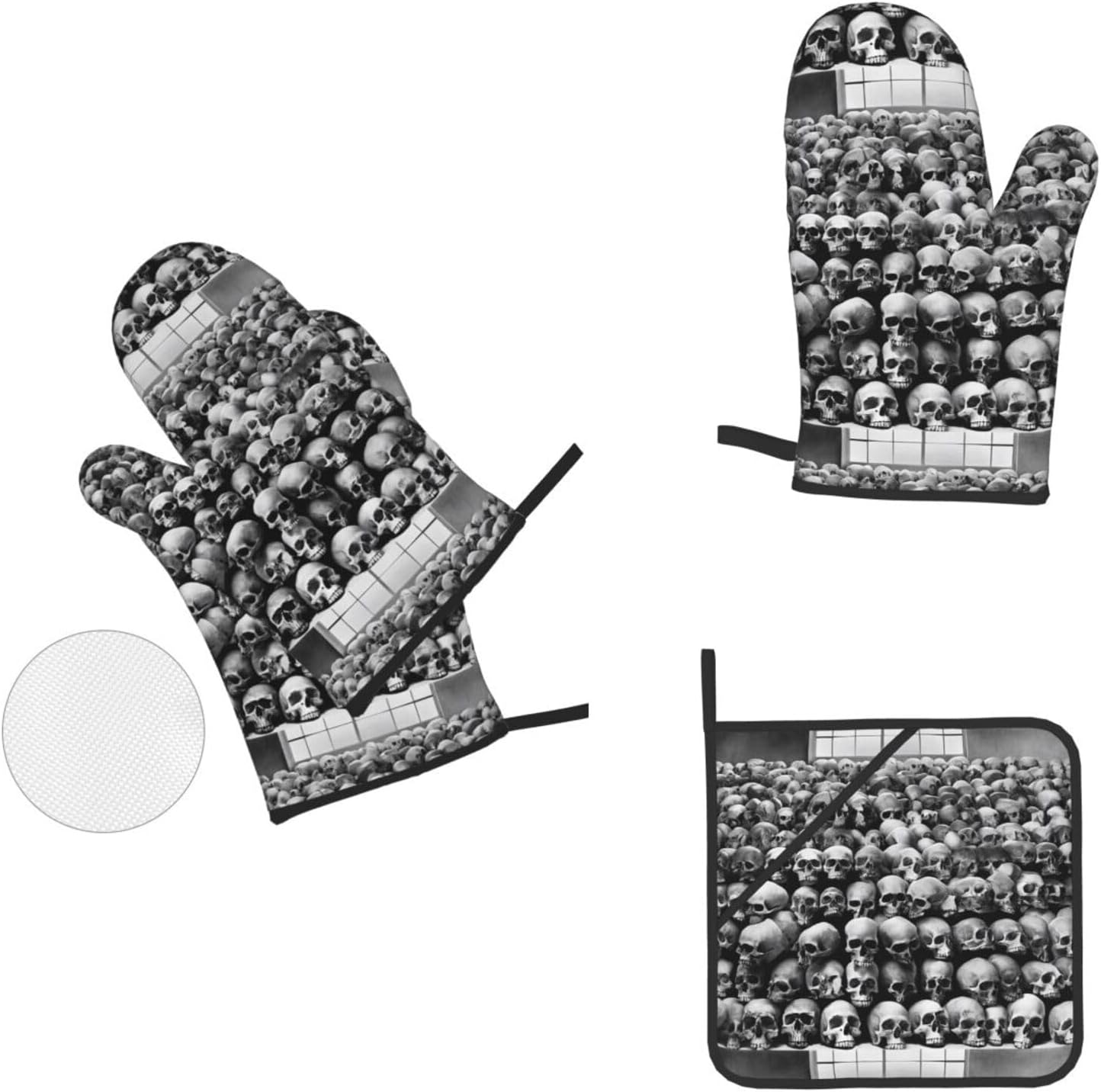 (Horrible Dark Skulls Flowers Pattern) Baking 4-Piece Set: 2 Oven Mitts and 2 Pot Holders Heat Resistant Waterproof Hanging Loop for Kitchen Oven Grill Housewarming Gifts