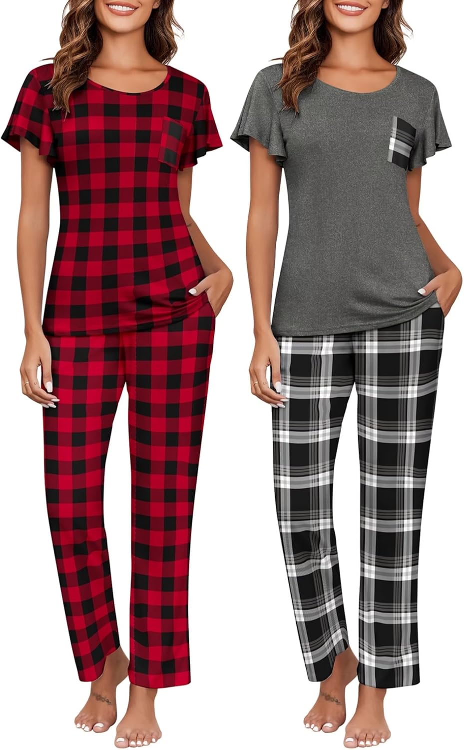 Ekouaer 2 Pack Womens Pajama Sets Short Sleeve with Long Pajama Pant Set Soft Sleepwear Printed Pj Lounge Sets with Pockets