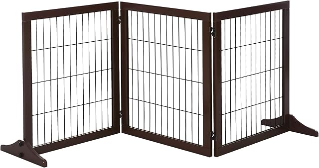PawHut Freestanding Dog Gate 3 Panel Safety Pet Barrier Foldable w/ Support Feet Brown 185 x71 cm