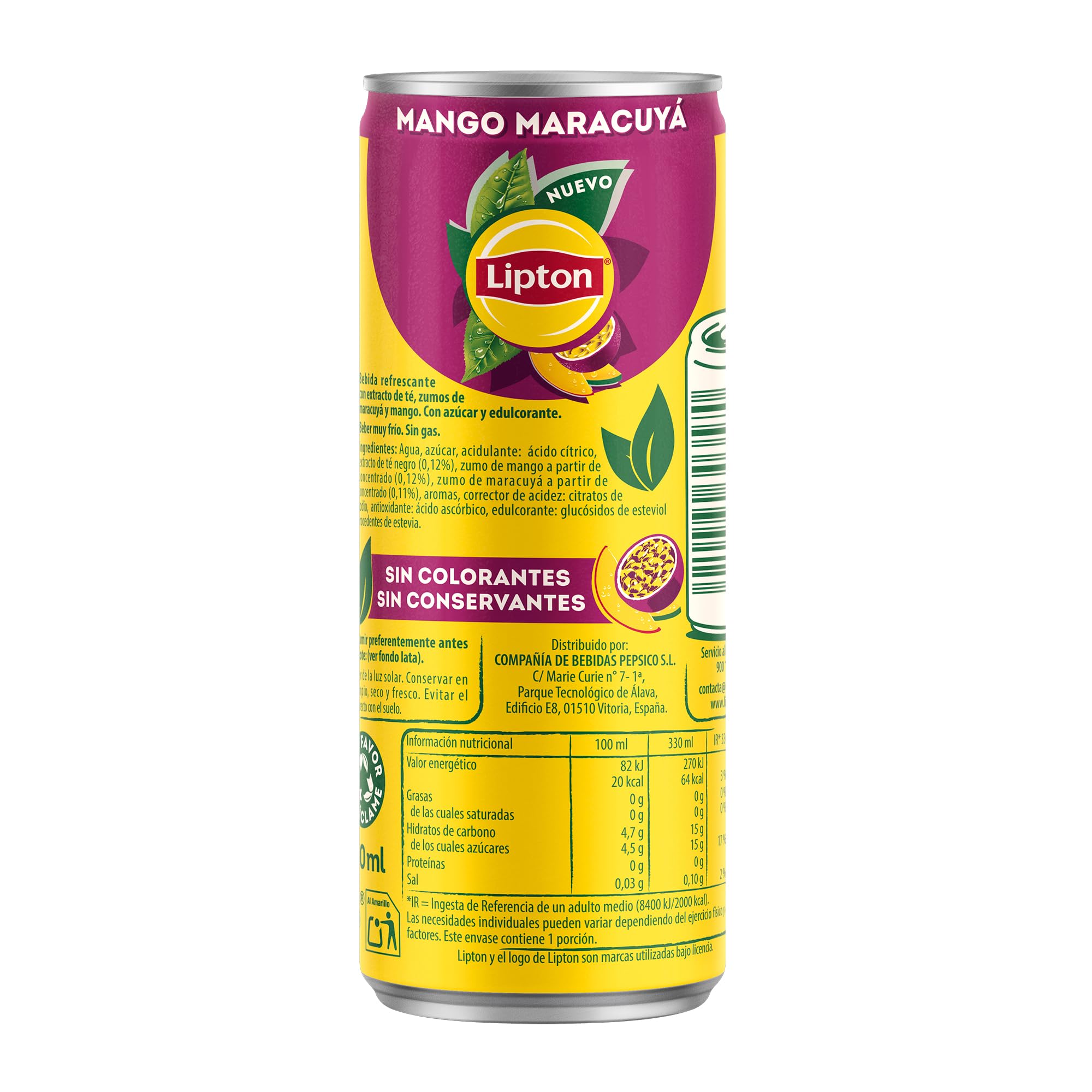 Lipton Mango maracuyá 330ml, Refresco de Té, Pack de 24 x 330 ml
