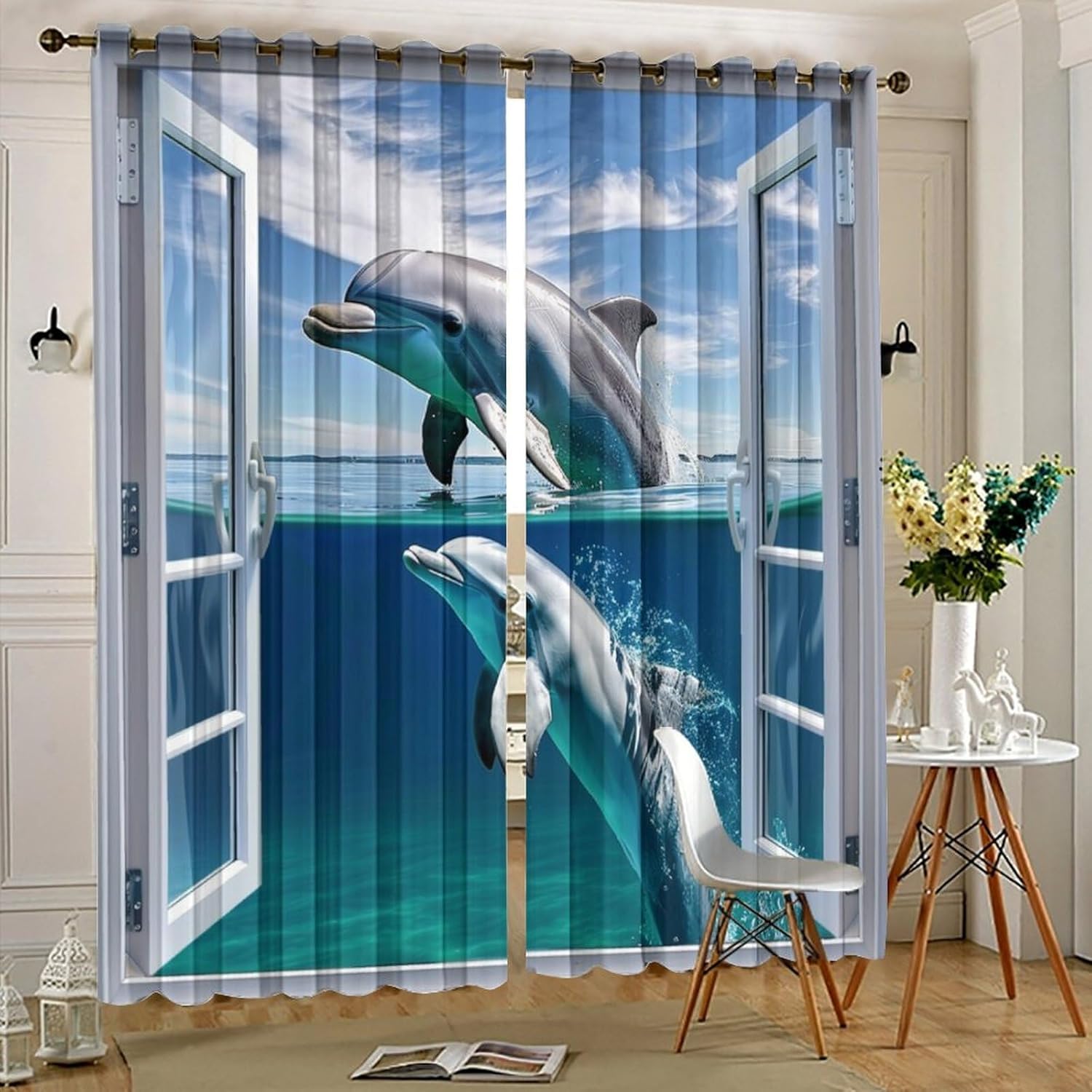 Ocean Fantasy Grommet Blackout Curtains for Bedroom, Sky Cloud Window Sea Dolphin Thermal Insulated Curtains Room Darkening Window Drapes, 21W x 54L, 2 Panels
