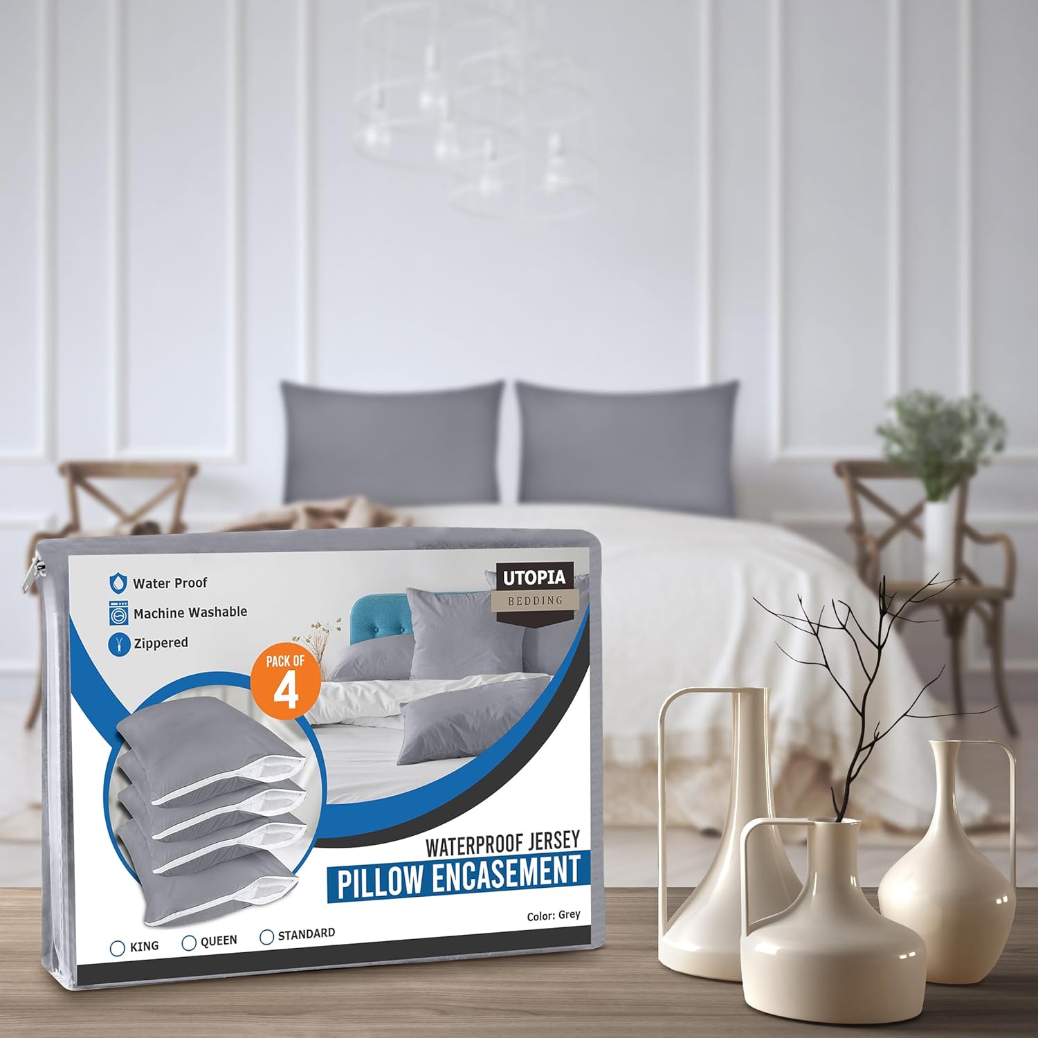 Utopia Bedding Premium 100% Waterproof Pillow Protectors with Zipper Queen Size (Set of 4), Bed Bug and Dust Mite Proof Zippered Pillow Covers, Pillow Encasement Cases, Gray - Image 8
