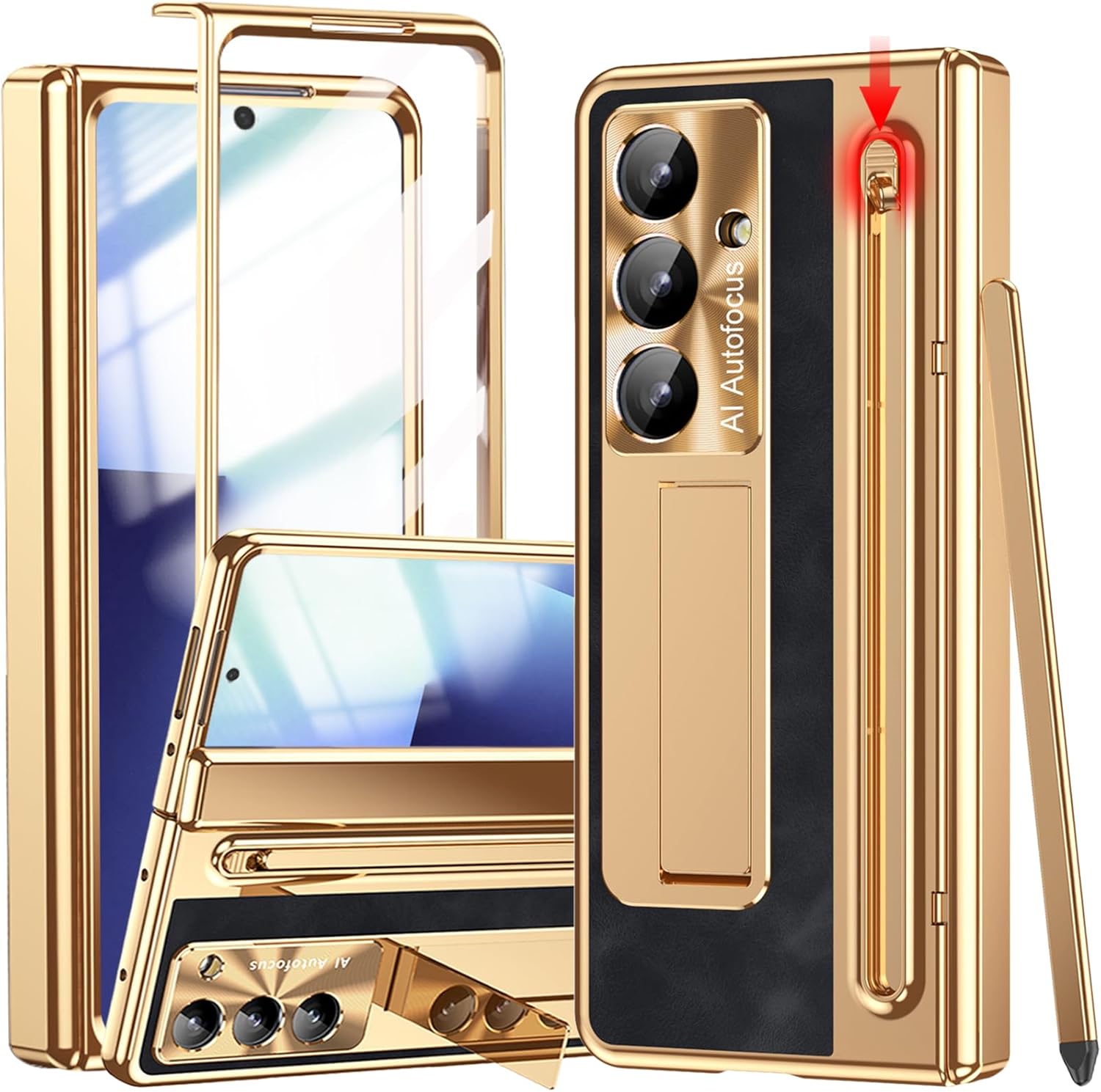 for Samsung Galaxy Z Fold 7 Case with S Pen Holder & Slim Stylus, Fold7 PU Leather Phone Case with Kickstand Built in Screen Protector Camera Protector Protective Cover for Z Fold7 Gold+Black