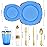 Hioasis 210pcs Blue and Gold Plastic Plates - Elegant Disposable Dinnerware Set Suitable for 30 Guests Include 10.25 Dinner & 7.5 Dessert Plates, Pre Rolled Silverware Set, Cups for Christmas