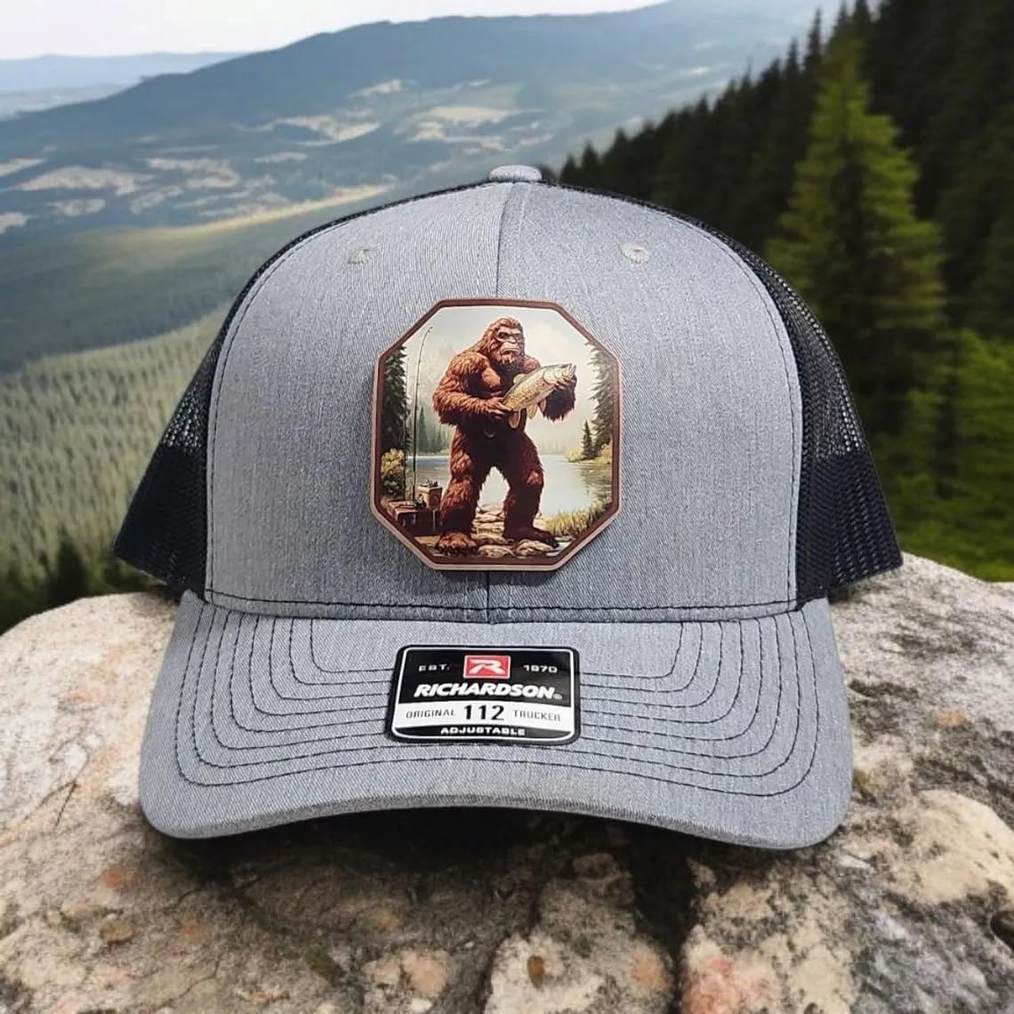 Bigfoot Fishing Hat for Men - Funny Sasquatch Trucker Hat - UV Printed Patch on Leatherette - Outdoors, Fishing, Hiking, Camping Hat Gift for Birthdays - Fishing Cap with Adjustable Snapback Multi