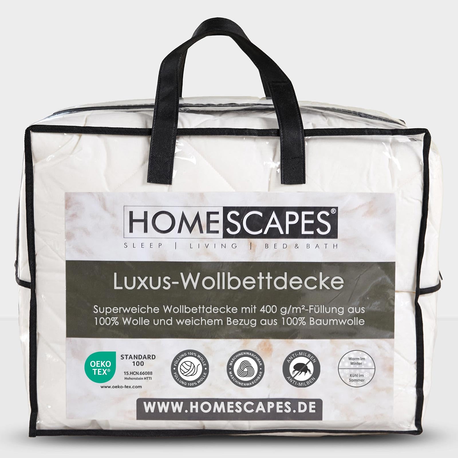 Homescapes Schwere Bettdecke Schafwolle 150x200 cm, Herbst/Winter-Bettdecke mit Wollfüllung & Baumwollbezug, Wollbettdecke mit 400 GSM Füllung, Oeko-TEX Standard 100
