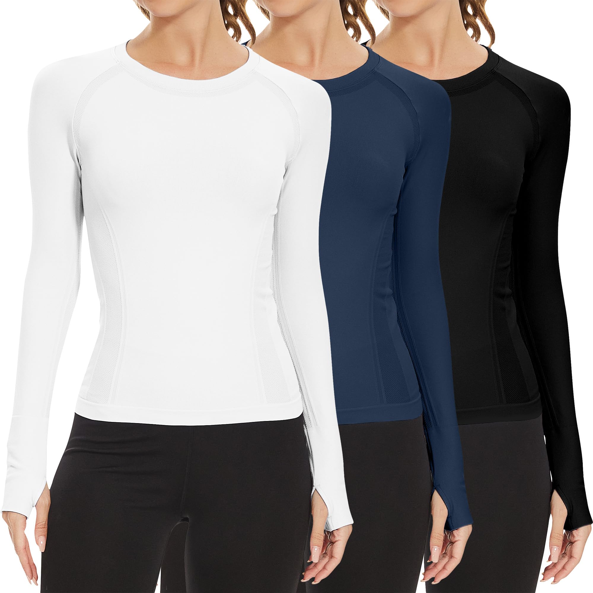 MathCat Long Sleeve Workout Tops for Women, Seamless Yoga Running Tops Breathable Athletic Shirts 3 Pack XS-XL