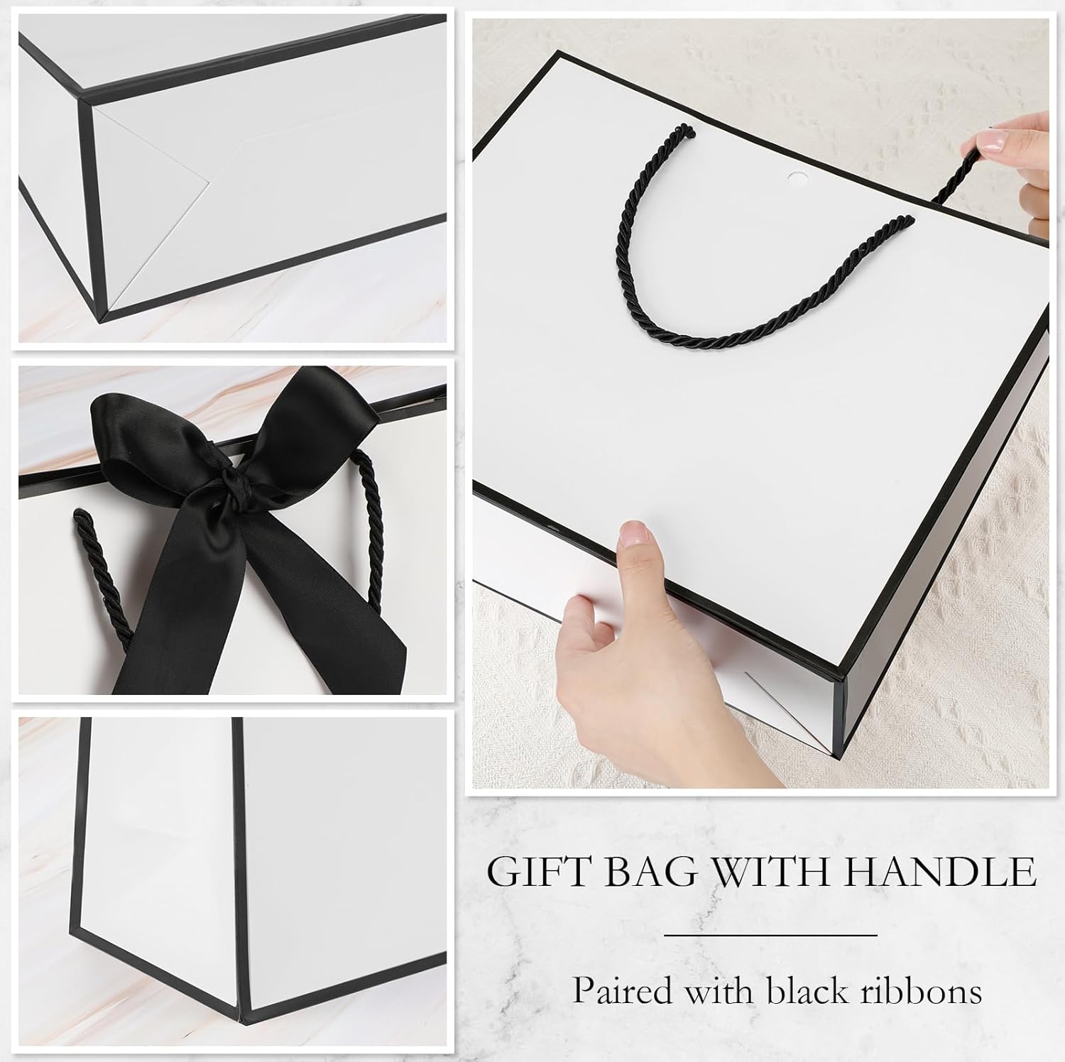 Silkfly Thank You Gift Bags with Handle 12x10x4'' Welcome Return Gifts Bag with Bow Ribbon for Wedding Bridesmaid Baby Shower Birthday Housewarming Employee Appreciation Day(White, Black,12 Pcs) - Image 7