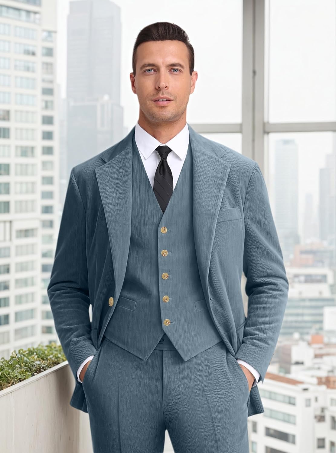 Men Corduroy Suit Slim Fit 3 Pieces Blazer Vest Pants Suits for Men Vintage Wedding Business Party - Image 2