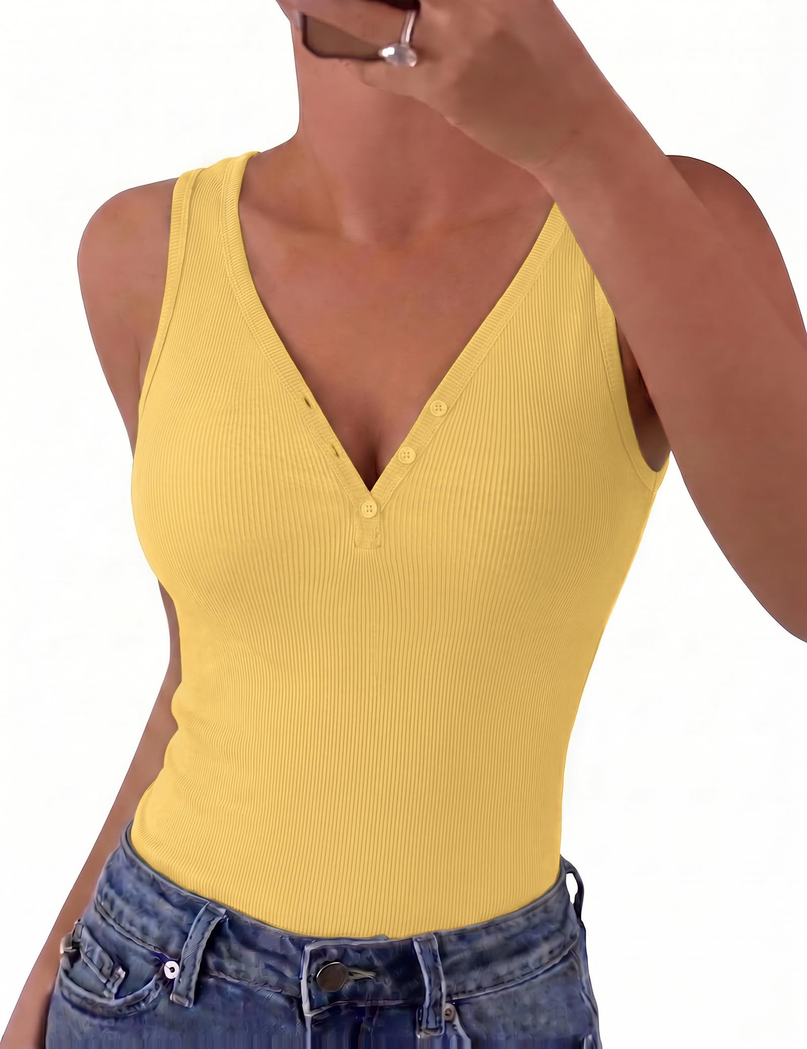 Gyabnw Damen Tanktop V-Neck Ärmelloses Oberteil Sommer Basic Geripptes Top Slim Fit Knopfleiste Casual Unterziehtop weich