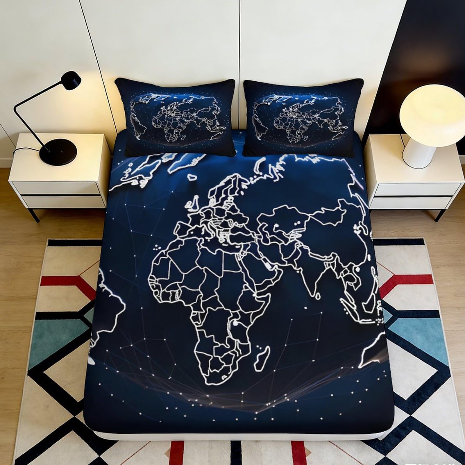 3D Printed World Map Fitted Sheet Microfiber Dark Blue Geometric Line Art Mattress Cover Bedroom Dorm Mattress Protector 180x200x25cm